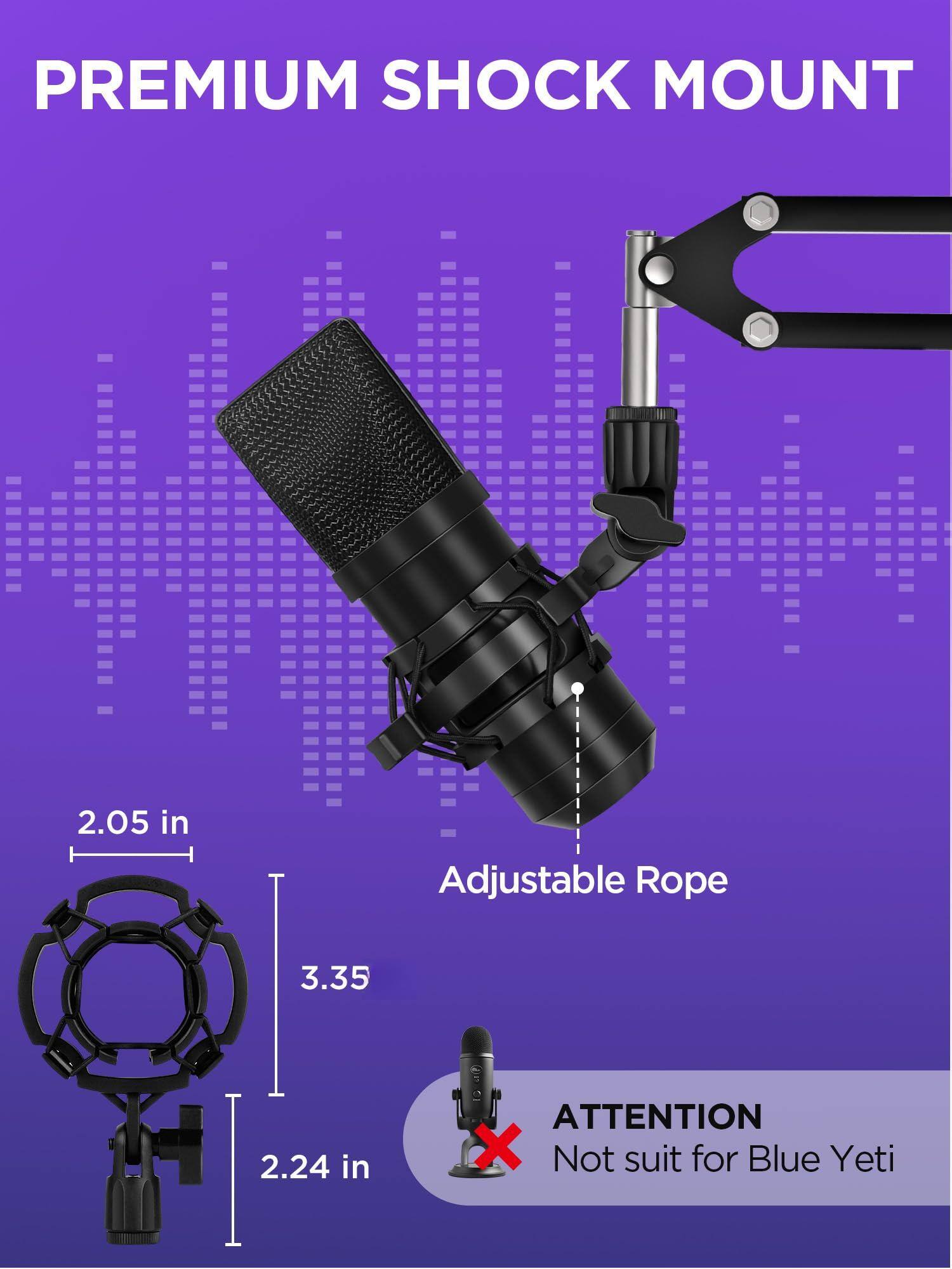 PREMIUM SHOCK MOUNT

2.05 in

Adjustable Rope

3.35

2.24 in

ATTENTION
Not suit for Blue Yeti