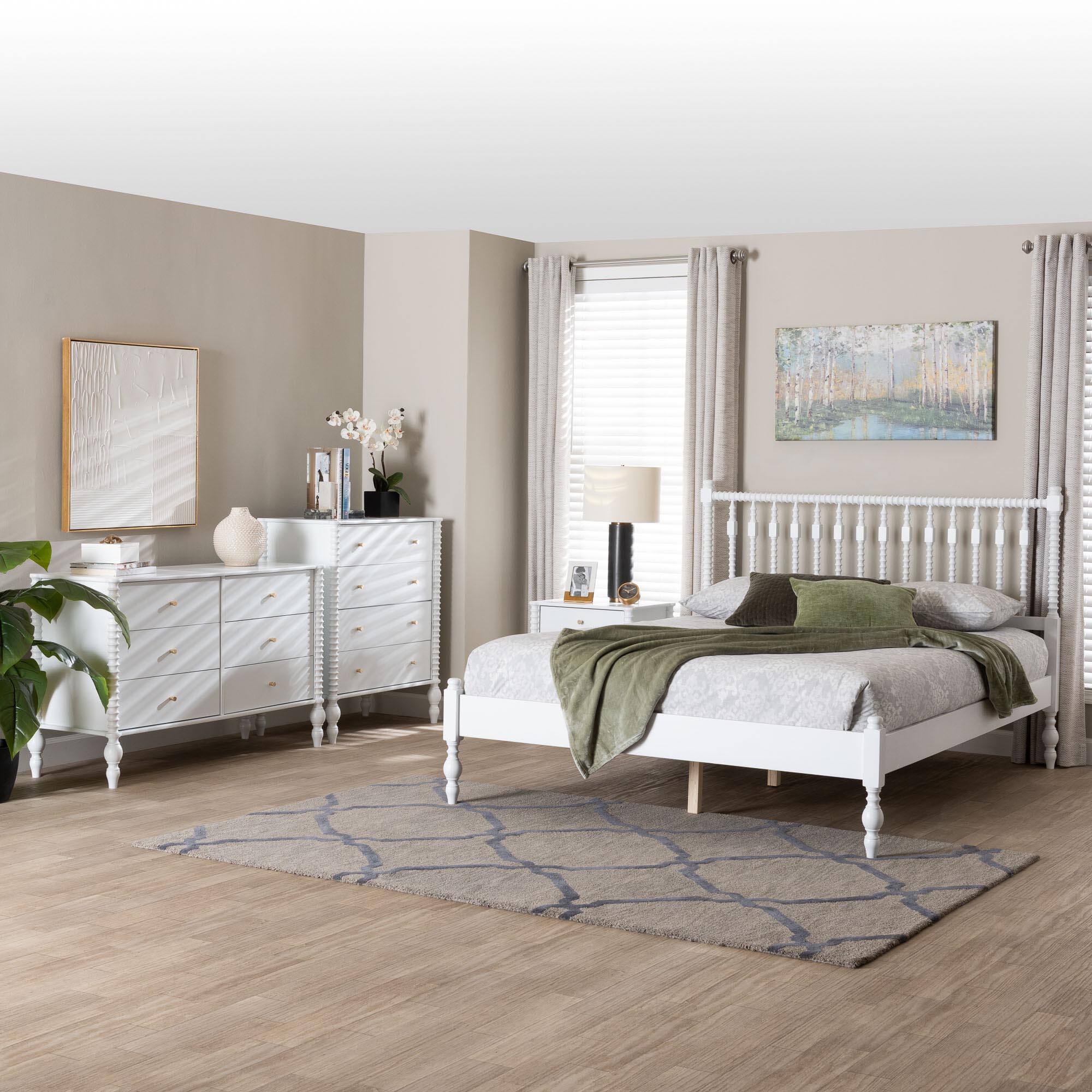 Alt View 8. Baxton Studio - Denita Spindle 4-Piece Bedroom Set - Farmhouse Platform Bed with Matching Dresser, Chest, and 1-Drawer Nightstand, Queen - White.