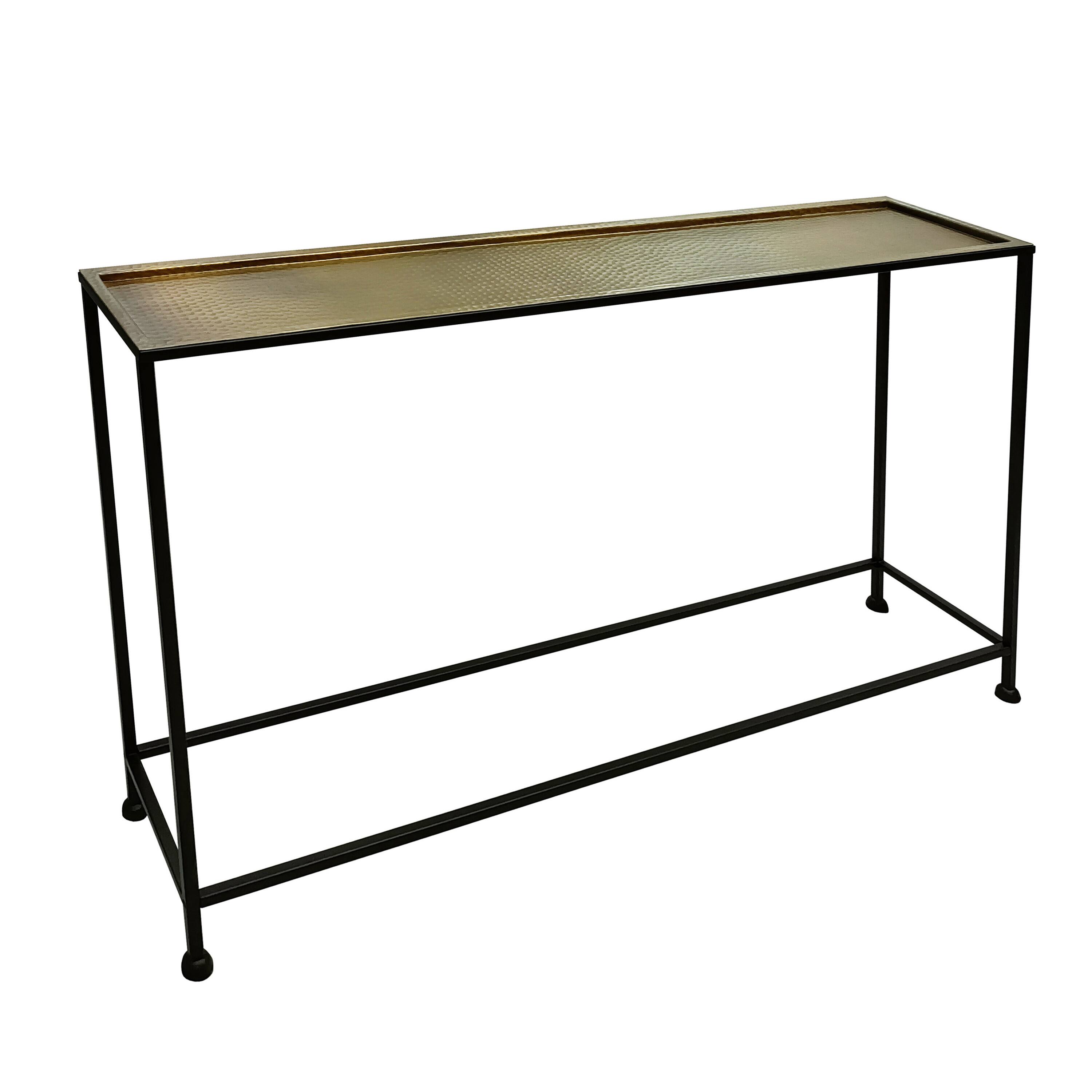 Angle. Manhattan Lane - 48 Inch Console Sofa Table, Artisanal Hammered Antique Bronze Tray Top, Industrial Black Iron Frame - Antique Bronze, Black.