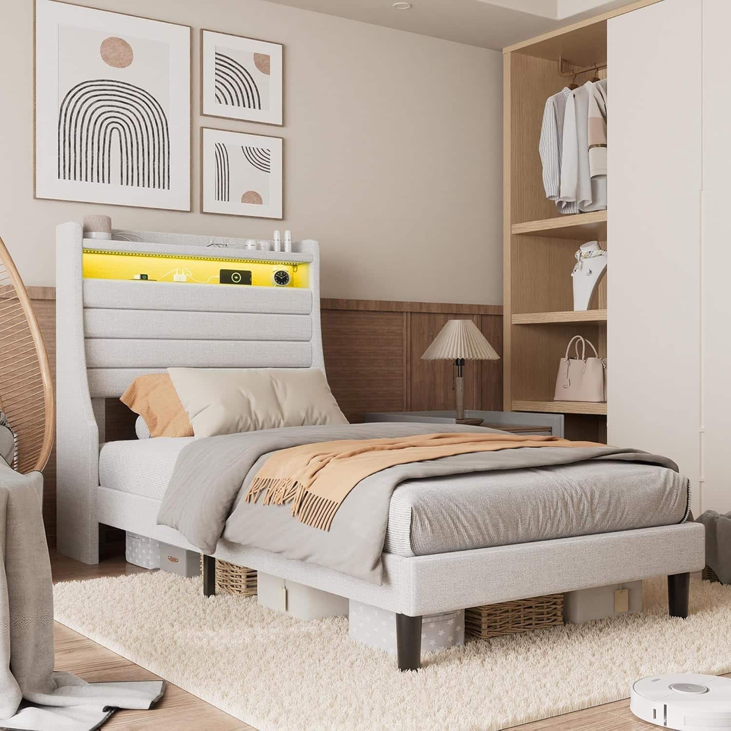 Qeetex - Twin Size Bed Frame Storage Headboard with USB Charging Station and LED Lights Solid and Stable Noise Free Under Bed - As Shown