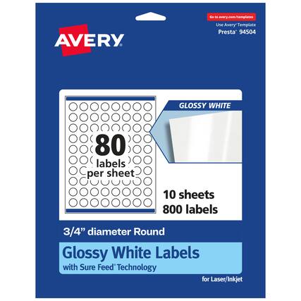 Go to avery.com/templates
AVERY
Use Avery Template Presta 94504
GLOSSY WHITE
80 labels per sheet
10 sheets 800 labels
3/4" diameter Round Glossy White Labels with Sure Feed Technology for Laser/Inkjet