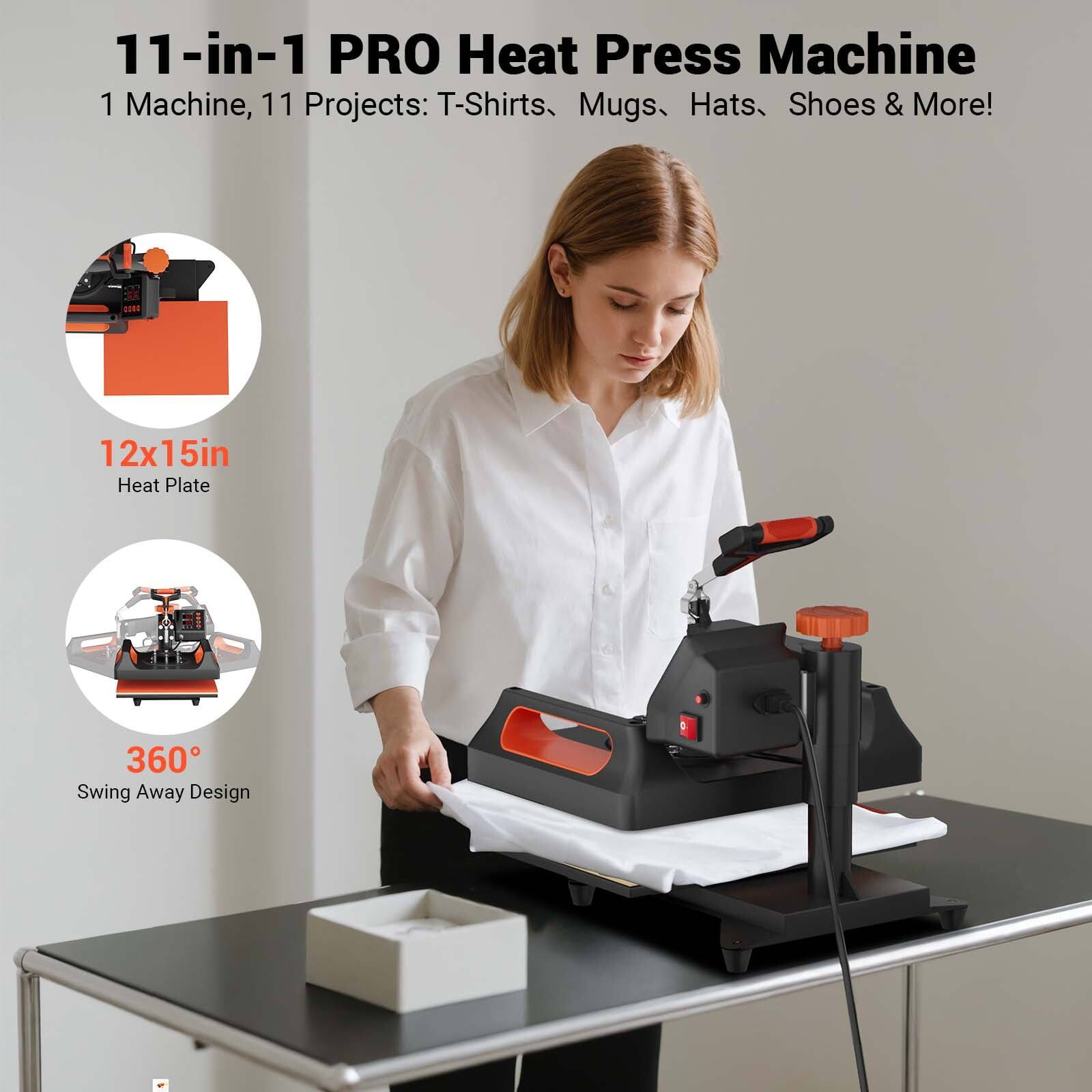 11-in-1 PRO Heat Press Machine  
1 Machine, 11 Projects: T-Shirts, Mugs, Hats, Shoes & More!  

12x15in Heat Plate  

360° Swing Away Design