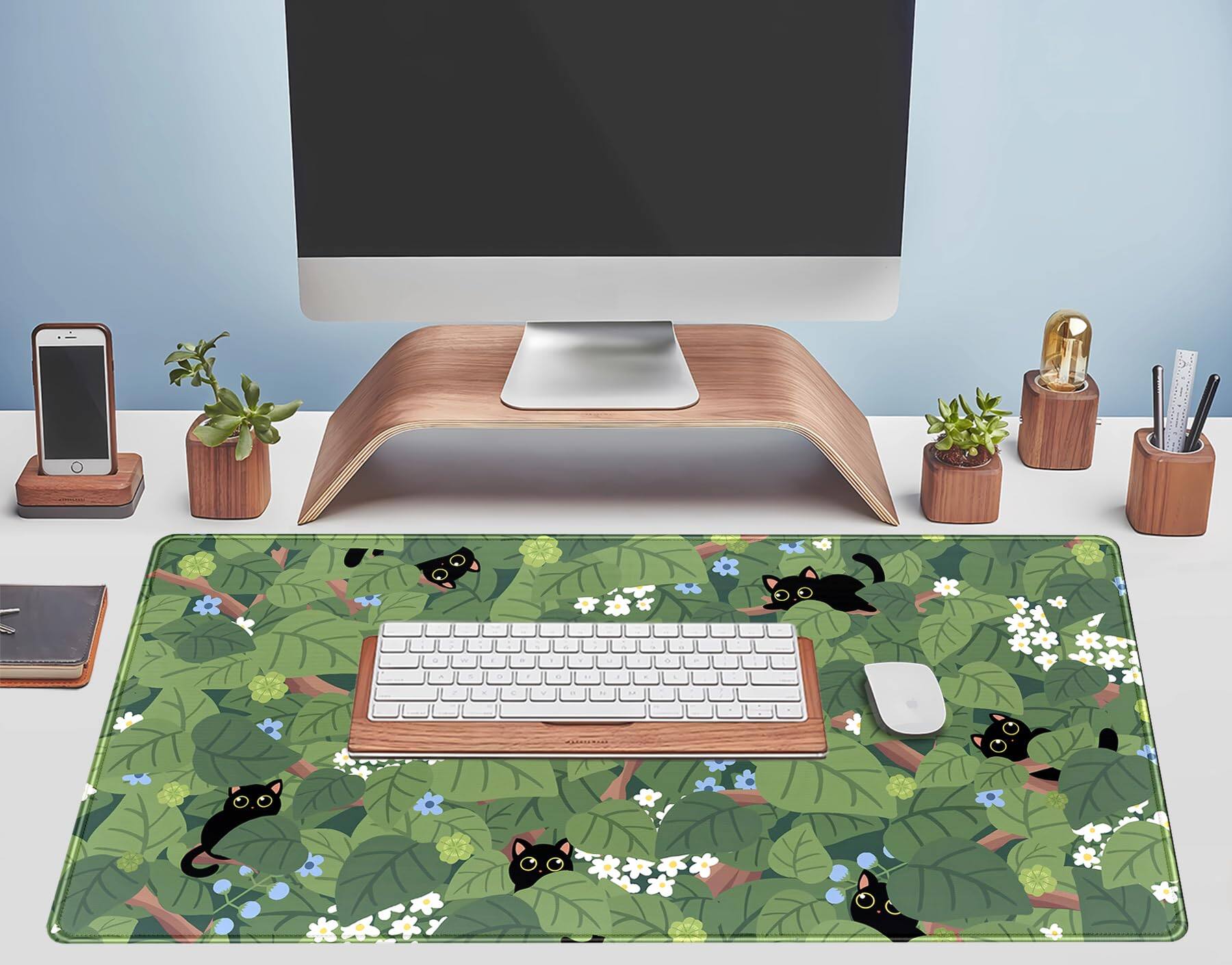 Alt View 2. Fabibe - Anime Aesthetic Black Cat Forest Plant Desk Mat  Green Sage Xxl Large Extended Mouse Pad Gaming Cute Cats Laptop And ... - Green Plant Lovers.