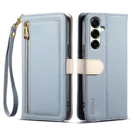 Dteck - Wallet Case for Samsung Galaxy S26 with Crossbody Strap and Wristlet, PU Leather Zipper Purse Kickstand Cover - Blue