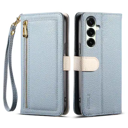 Front. Dteck - Wallet Case for Samsung Galaxy S26 with Crossbody Strap and Wristlet, PU Leather Zipper Purse Kickstand Cover - Blue.