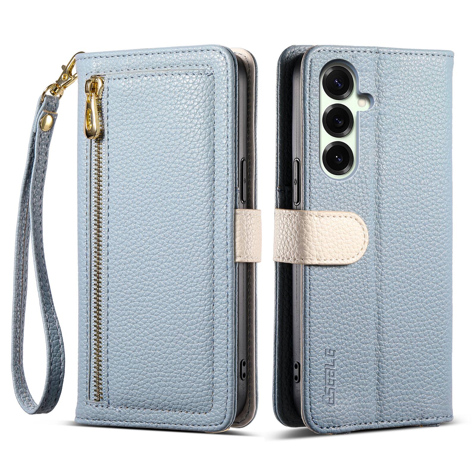 Dteck - Wallet Case for Samsung Galaxy S26 with Crossbody Strap and Wristlet, PU Leather Zipper Purse Kickstand Cover - Blue