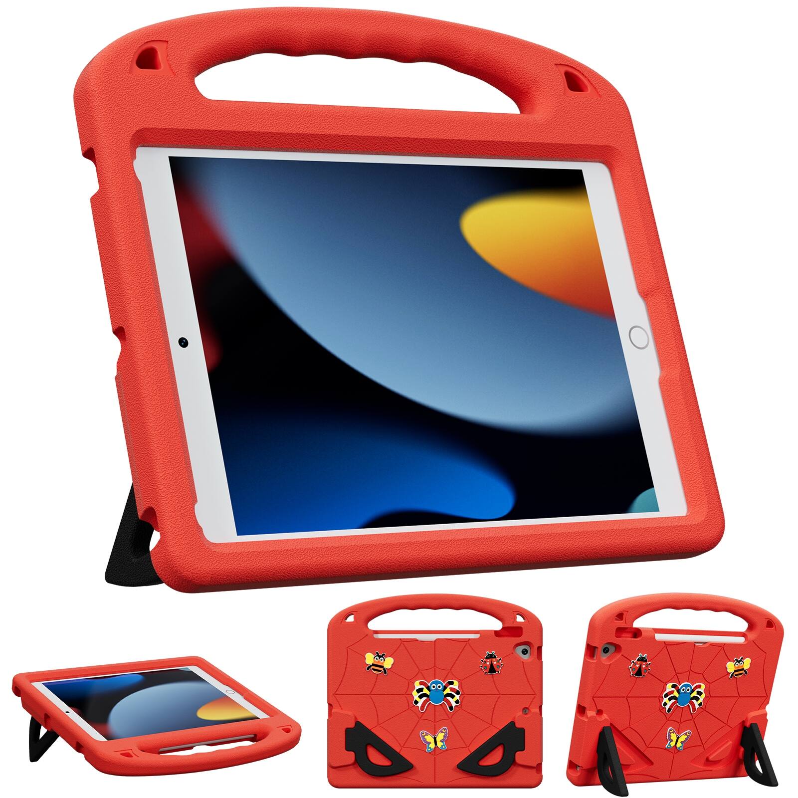 Angle. UUCOVER - Kids Case for iPad 9th 8th 7th Generation 10.2-inch (2021/2020/2019) Shockproof EVA Handle Stand Cover+Shoulder Strap - Red/Black.