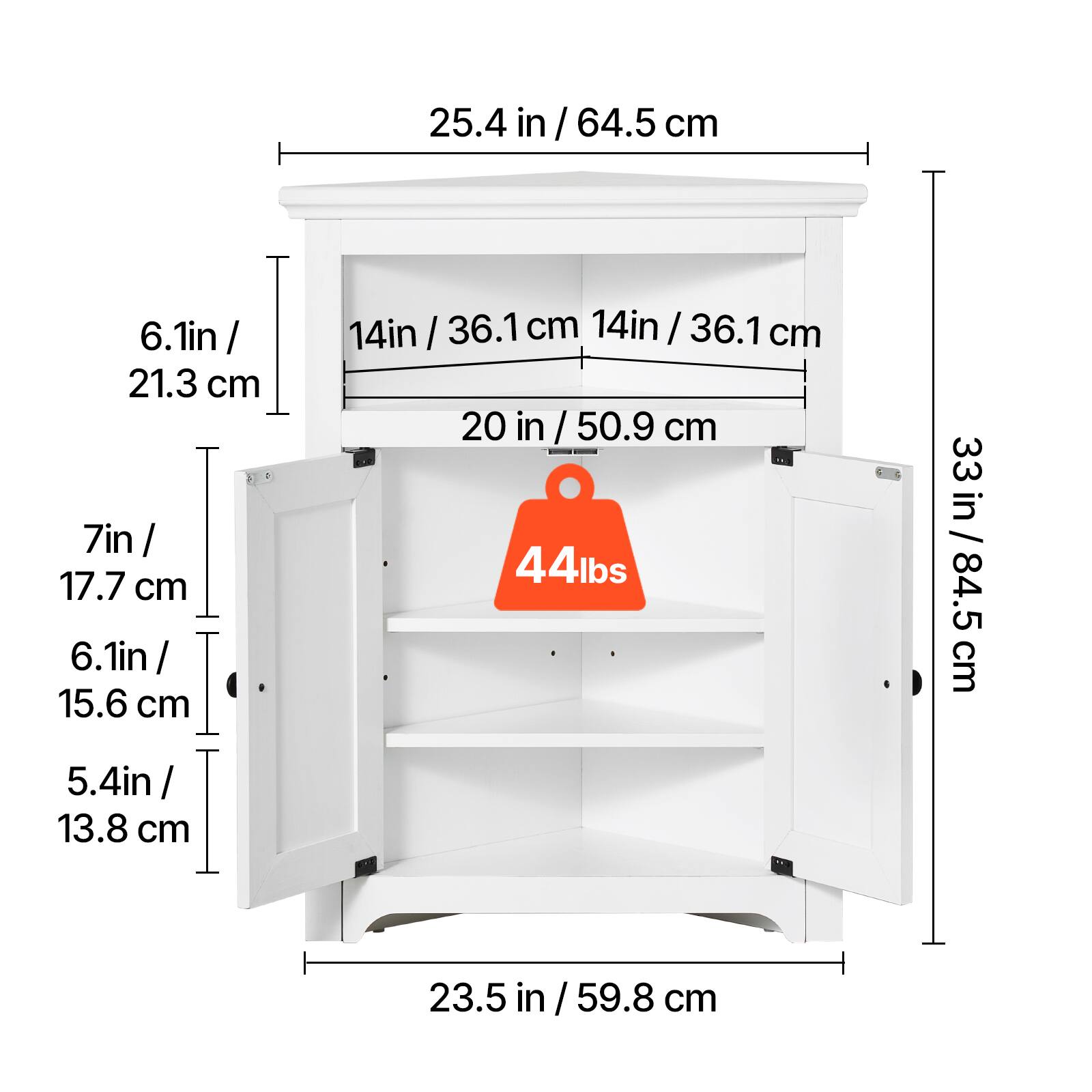 Here is the corrected and grouped text:

- 25.4 in / 64.5 cm
- 6.1 in / 21.3 cm
- 7 in / 17.7 cm
- 6.1 in / 15.6 cm
- 14 in / 36.1 cm
- 14 in / 36.1 cm
- 20 in / 50.9 cm
- 44 lbs
- 33 in / 84.5 cm
- 5.4 in / 13.8 cm
- 23.5 in / 59.8 cm