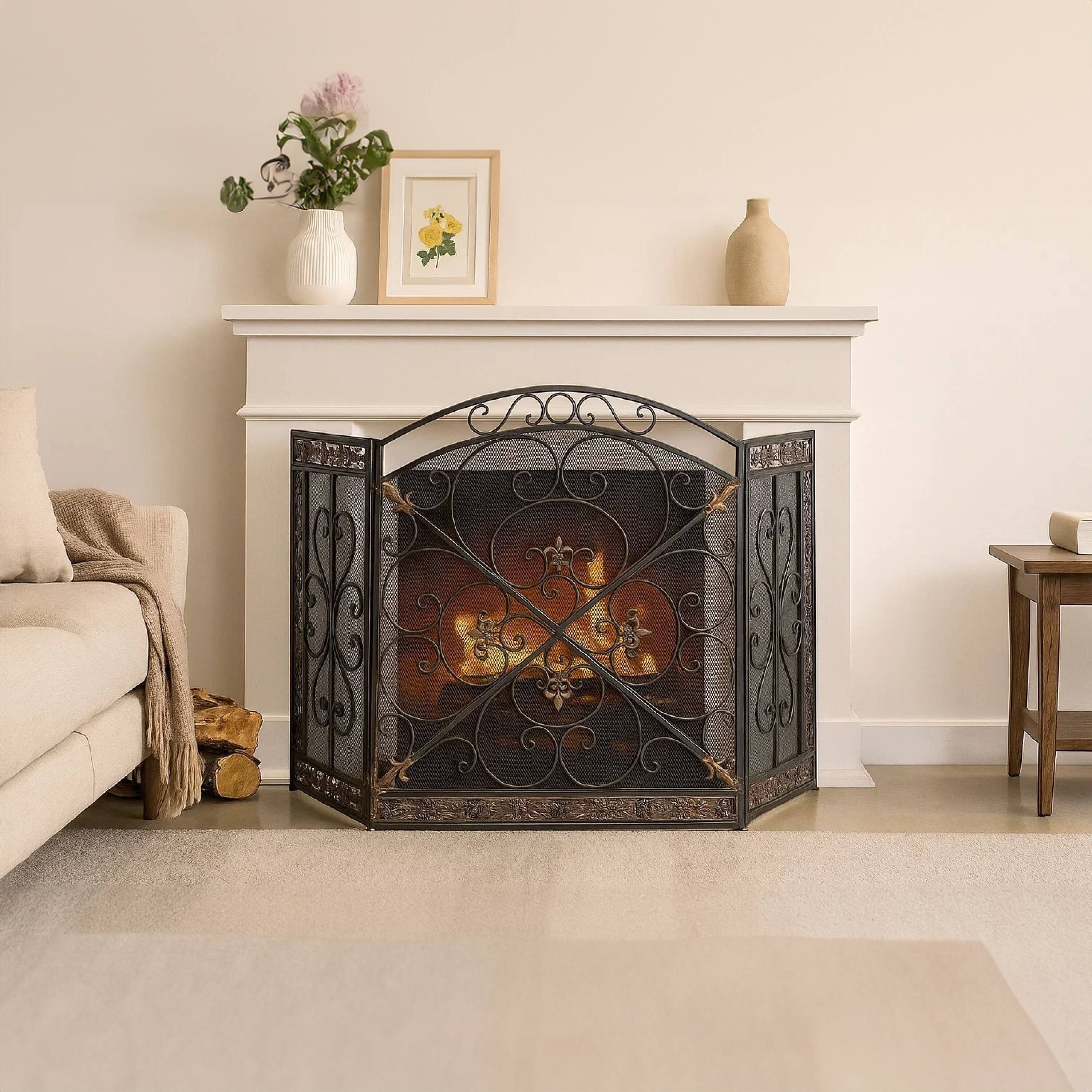 Alt View 7. Manhattan Lane - Traditional 3 Panel Metal Fire Screen With Filigree Design - Bronze, Black.