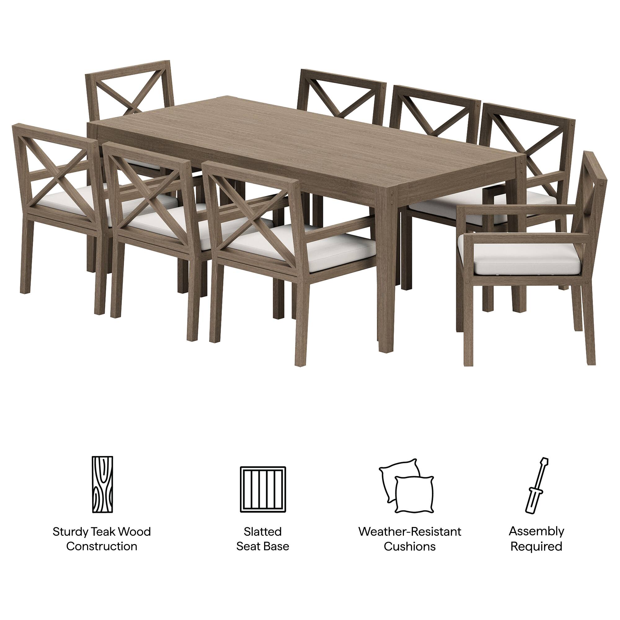 Sturdy Teak Wood Construction, Slatted Seat Base, Weather-Resistant Cushions, Assembly Required