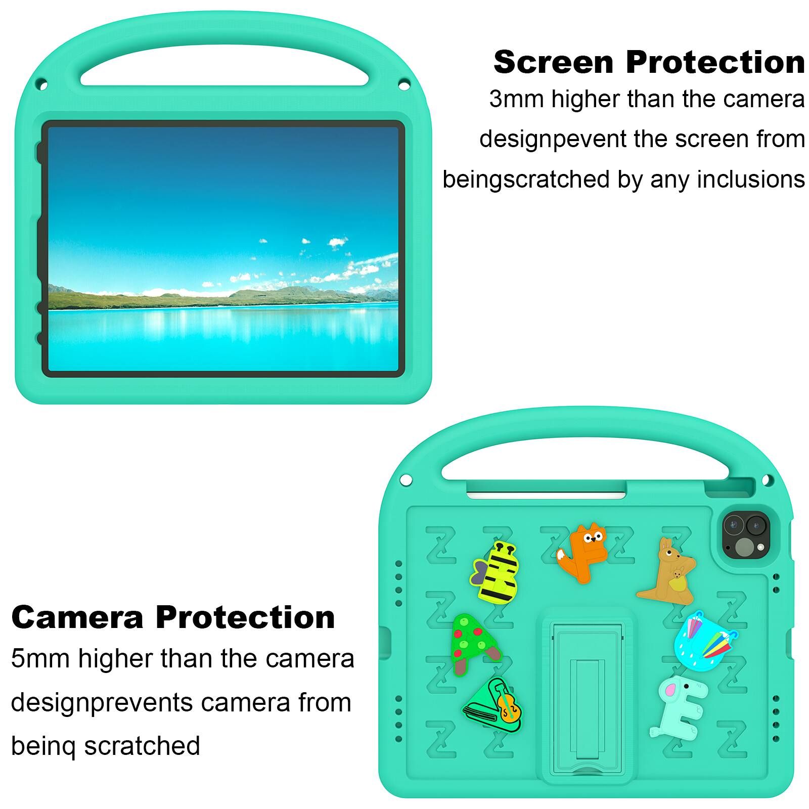 Screen Protection  
3mm higher than the camera design prevents the screen from being scratched by any inclusions  

Camera Protection  
5mm higher than the camera design prevents the camera from being scratched