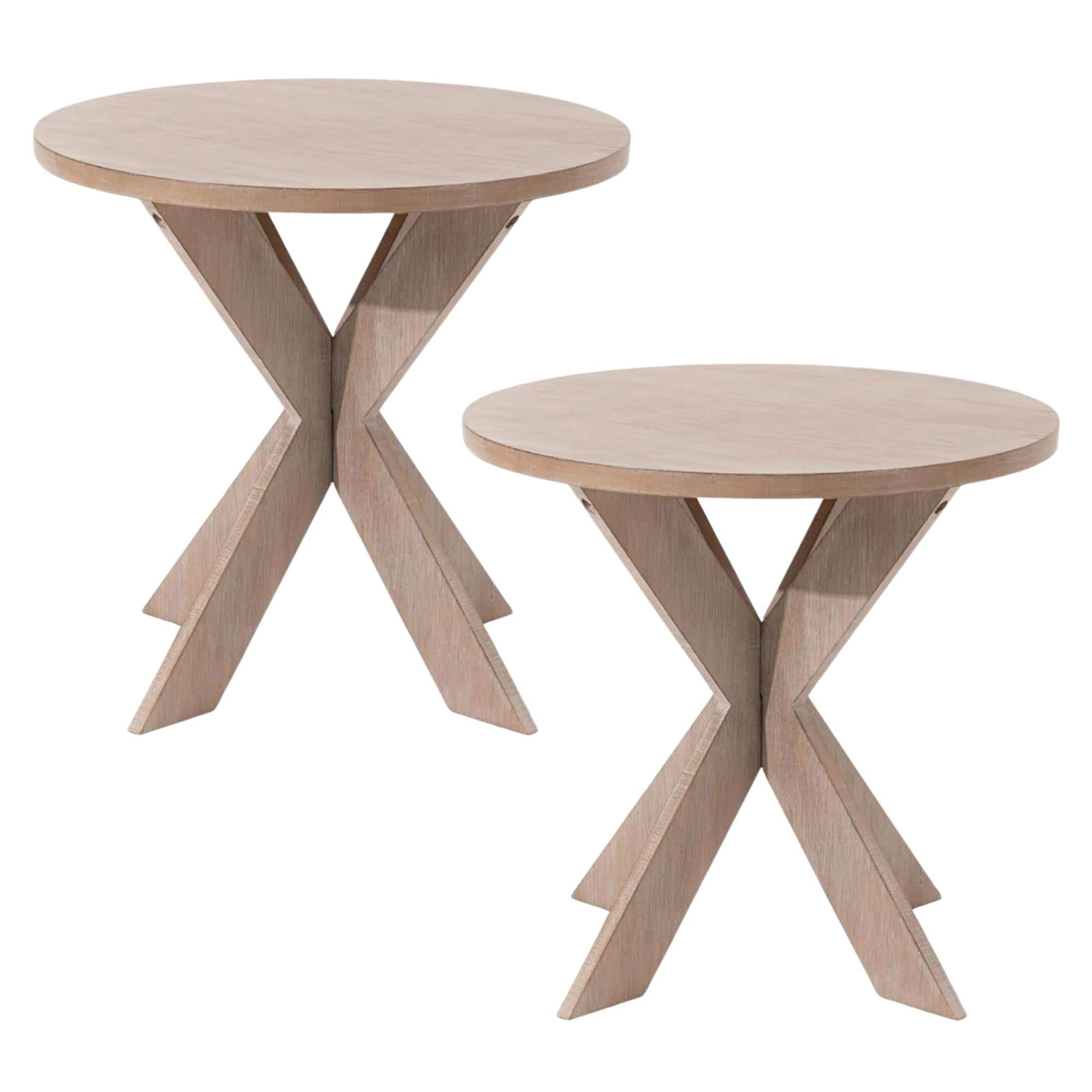 COZAYH - Farmhouse Round Wooden End Table with Cross Legs, Set of 2 - Vintage Grey