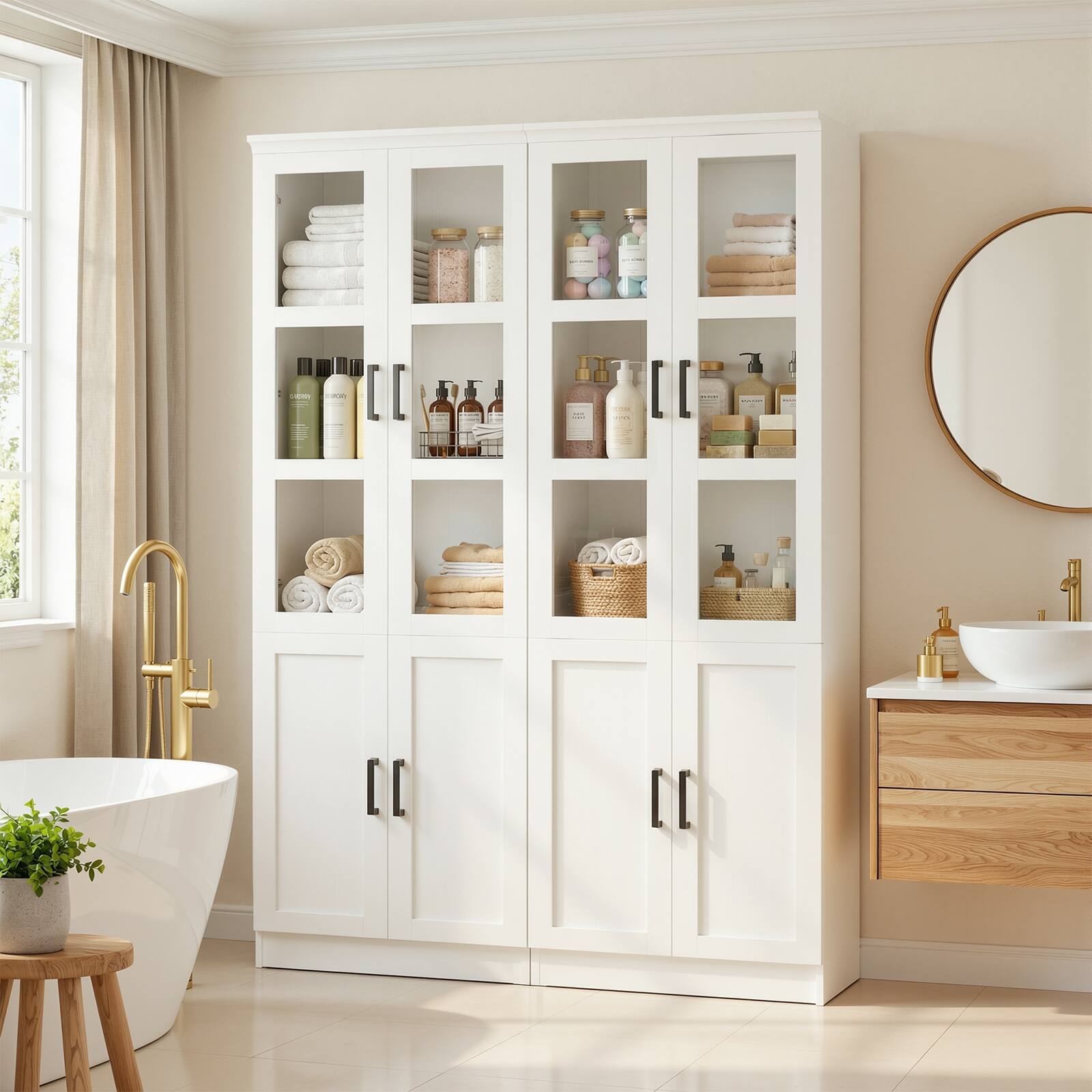 Alt View 2. Aheaplus - 79.7'' Tall Pantry Cabinet 2-Piece Set, 47.2'' Width Storage Cabinet with Glass Doors & Adjustable Shelves - White.