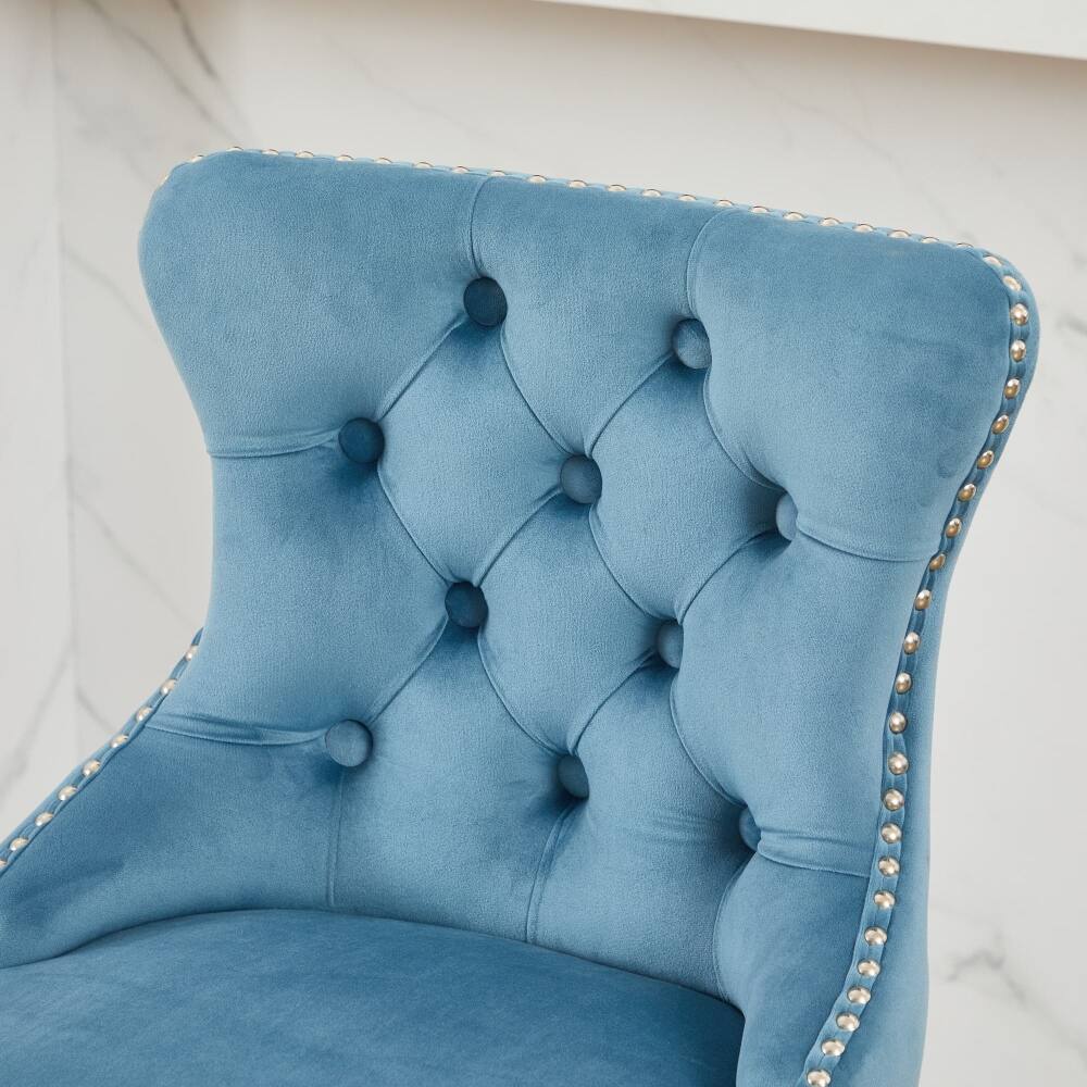 Alt View 7. Loheer - Loheer Swivel Velvet Barstools Set of 2 Light Blue Button Tufted Bar Chairs Wooden Legs Chrome Nailhead Trim - Light Blue.