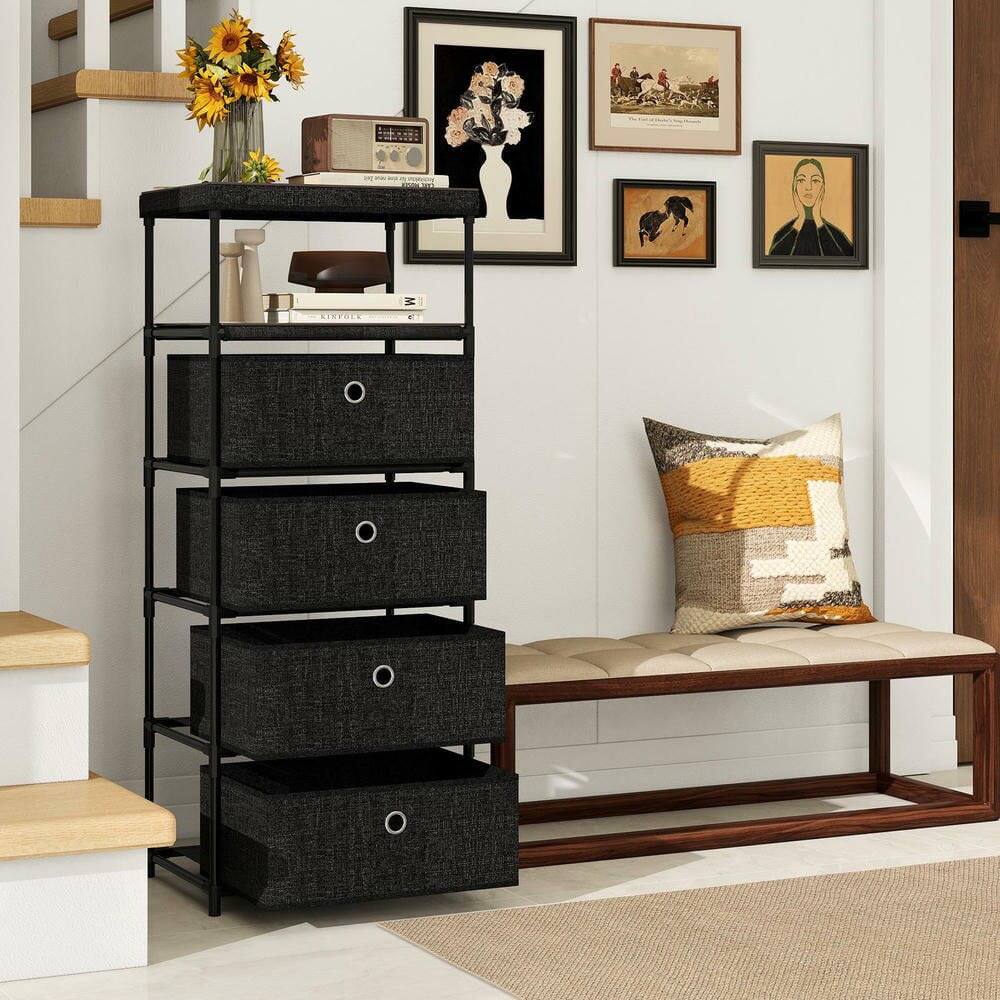 Back. Kadyn - 4-Drawer Fabric Storage Tower - Wood Top + Durable Metal Frame, Multifunctional Dresser for Bedroom/Living Room - Black.