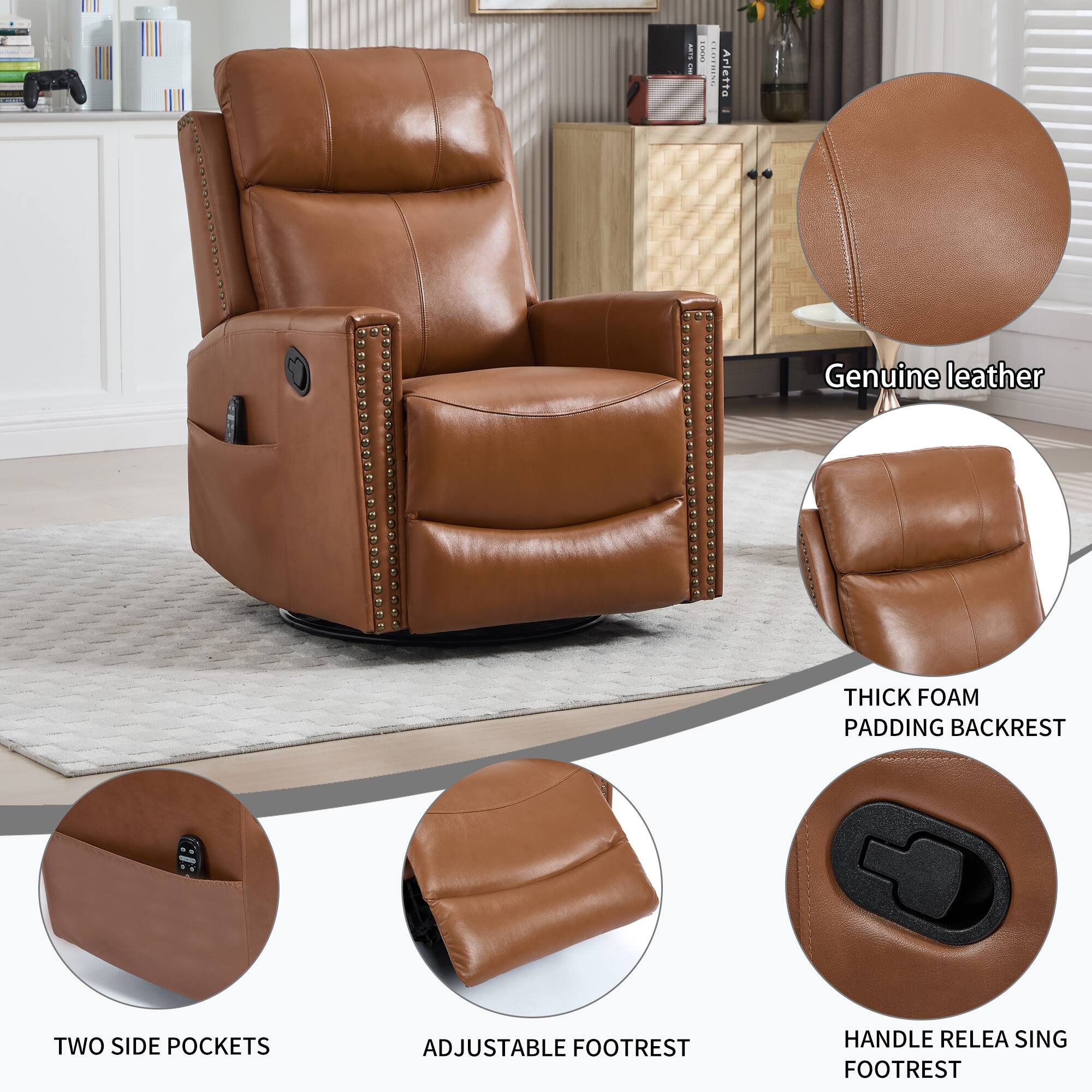 - Genuine leather
- Thick foam padding backrest
- Two side pockets
- Adjustable footrest
- Handle release footrest