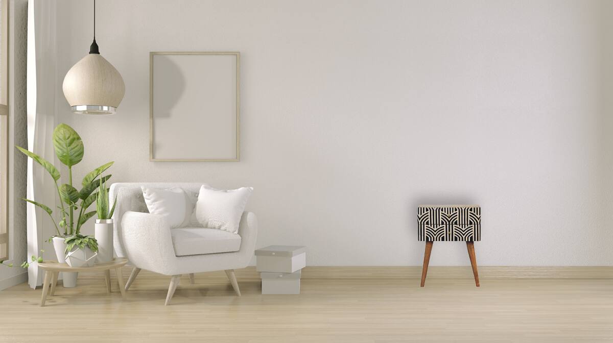 Alt View 7. Artisan Furniture - Artisan Furniture Solid Wood Edessa Bone Inlay Nightstand, 2 Drawers, Nordic legs, Black and White - Oak.