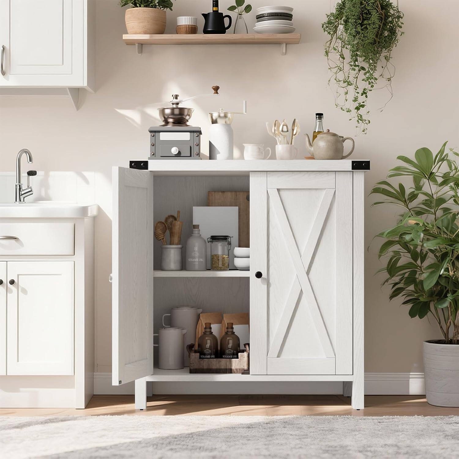 Alt View 4. Homhougo - Coffee Bar Cabinet with Storage, 30" Farmhouse Kitchen Storage Cabinet with Adjustable Shelf, Console Table for Dining - Rustic White.