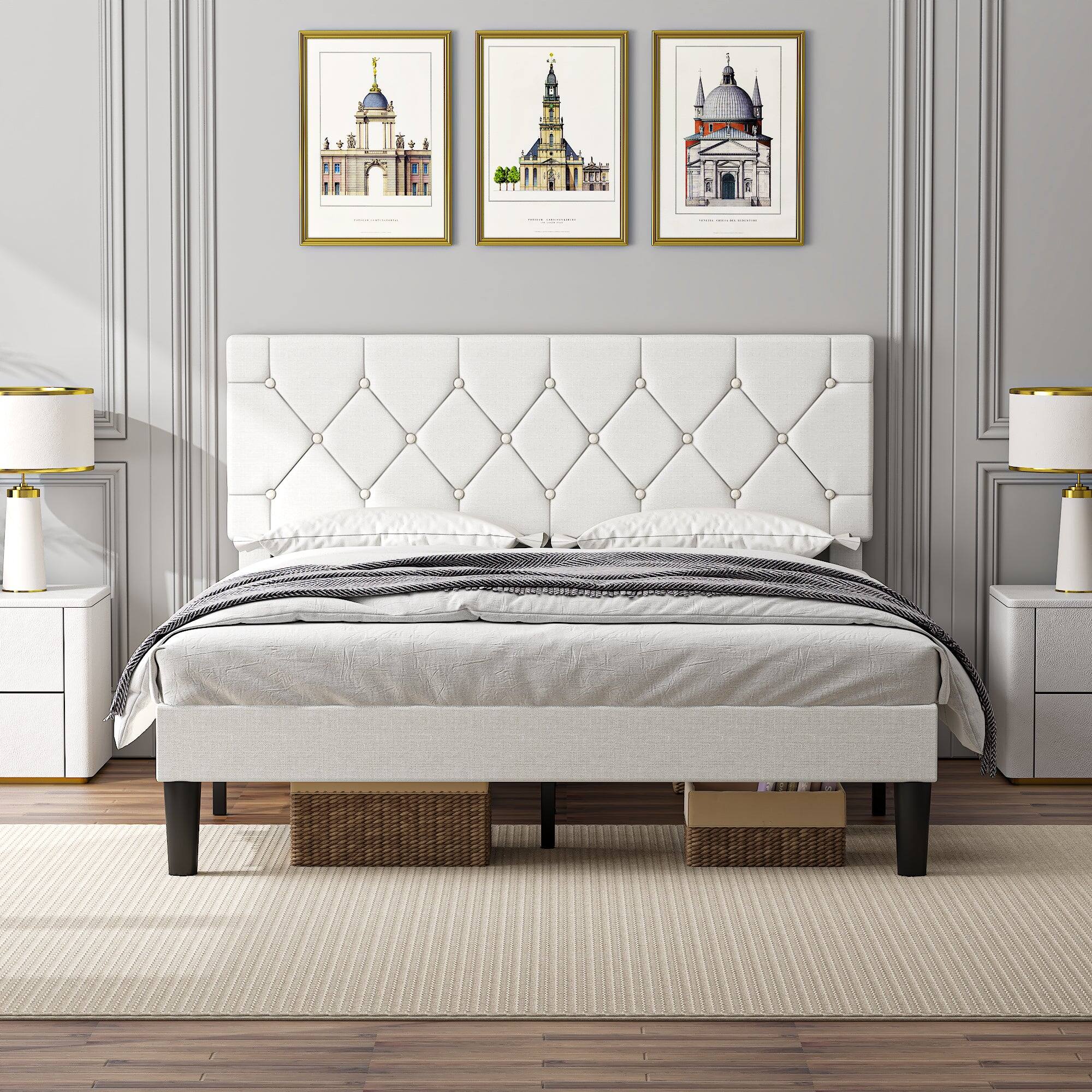 Front. Vecelo - Queen Size Bed Frame with Button Tufted Headboard,Upholstered Platform Bedframe with Wood Slat Support - White.