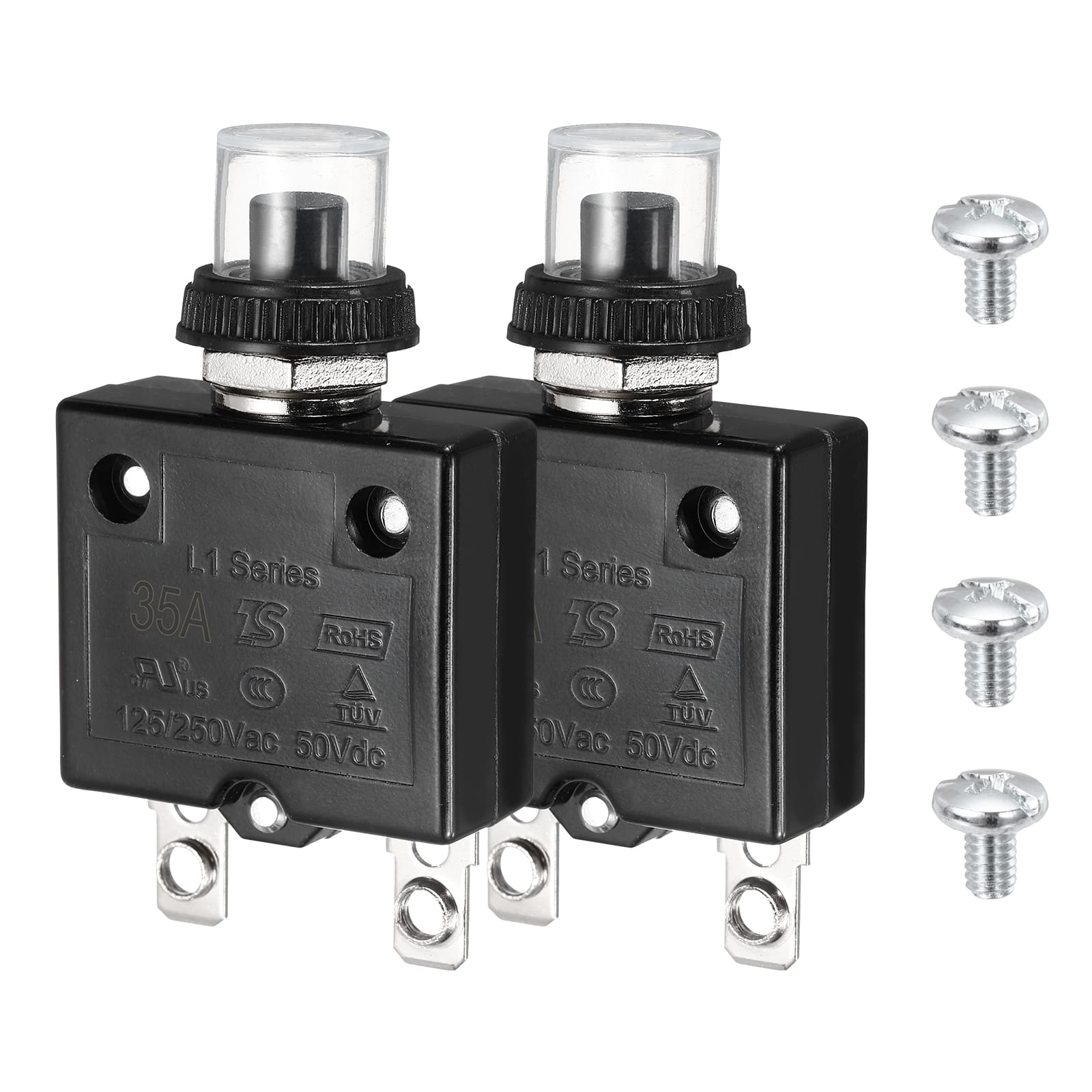 Unique Bargains - 2Set Thermal Circuit Breaker 35A 125/250V AC50V DC Push Button Manual Reset Overload Protector w Waterproof Caps Screws - Black price history on PriceWatchPro
