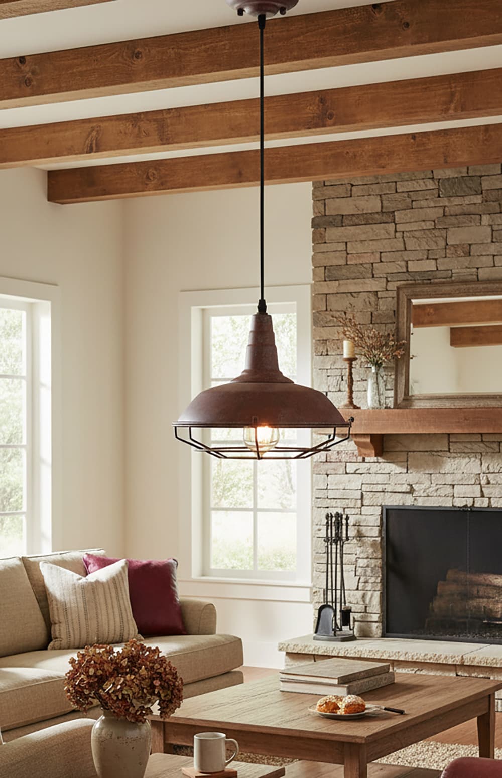 Alt View 3. FINEAK - Barn Style Rust Finish Caged Pendant Lights - Industrial Metal Wire Hanging Fixtures.