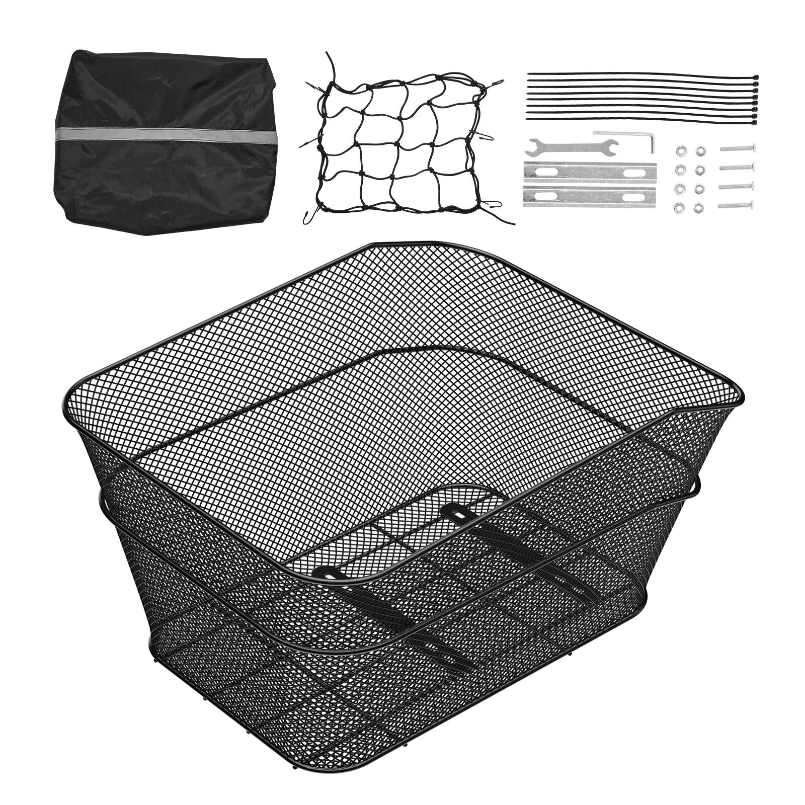 Alt View 5. VEVOR - Rear Bike Basket, Wire Mesh Bicycle Basket with Cargo Net & Waterproof Cover, Durable Metal Bike Back Basket - Black.