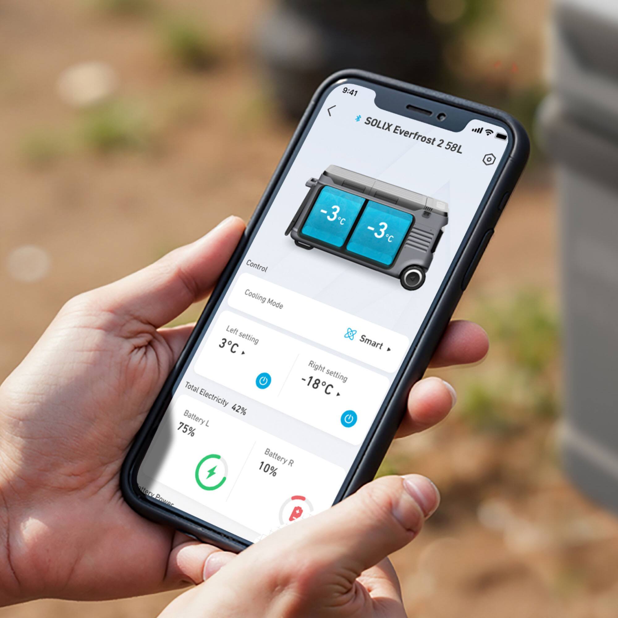9:41 SOLIX Everfrost 2 58L Control Cooling Mode -3- -3- Left 3C setting Smart Right - setting Total Electricity 42% Battery L 75% Battery R 10%