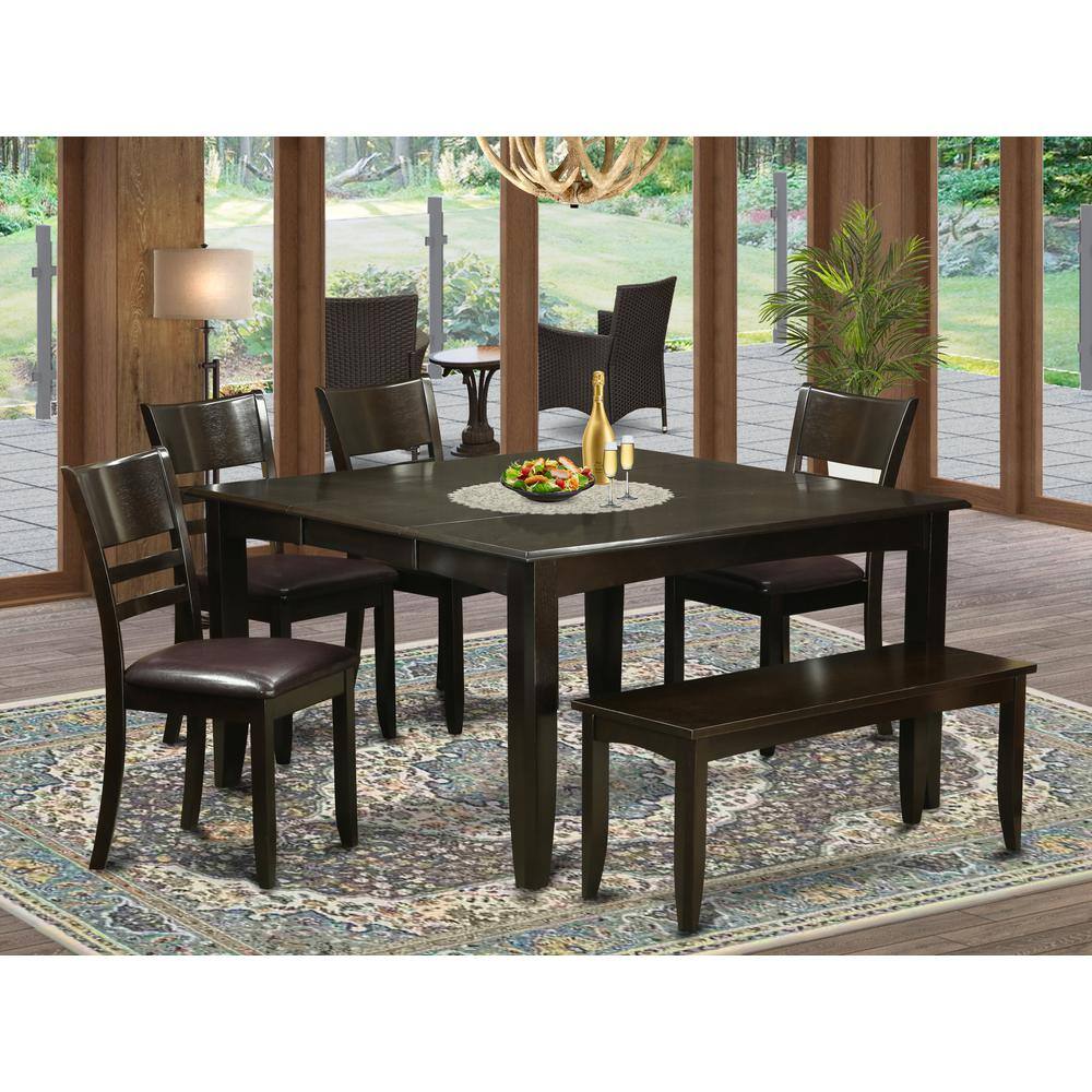 Alt View 2. East West Furniture - 6 Pc Dining set with bench-Dining Table with Leaf and 4 Dinette Chair Plus Bench. - Cappuccino.