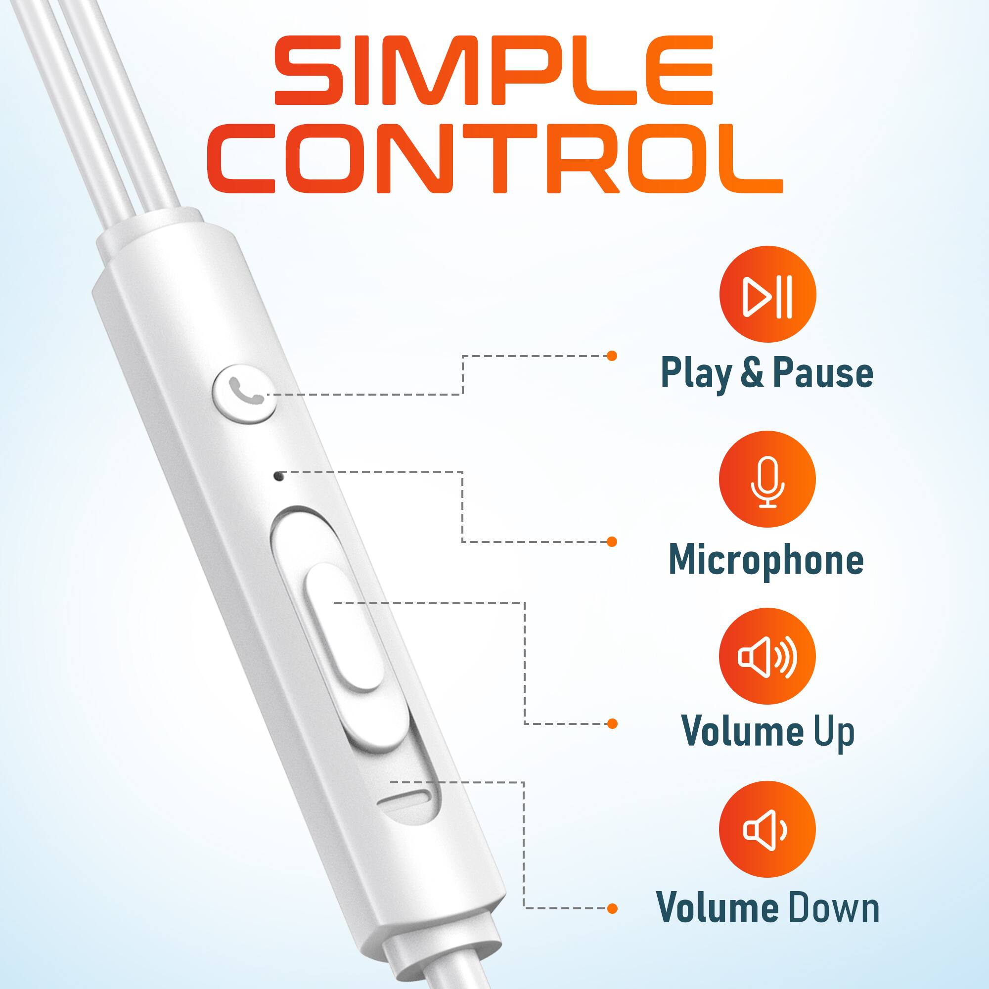 SIMPLE CONTROL

- Play & Pause
- Microphone
- Volume Up
- Volume Down