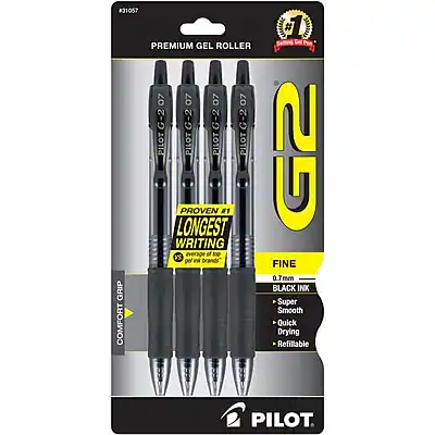#31057
PREMIUM GEL ROLLER
G-2 G-2 G-2 G-2
PROVEN #1 LONGEST WRITING
FINE 0.7 mm
BLACK INK
Super Smooth
Quick Drying
Refillable
PILOT
G2
PILOT