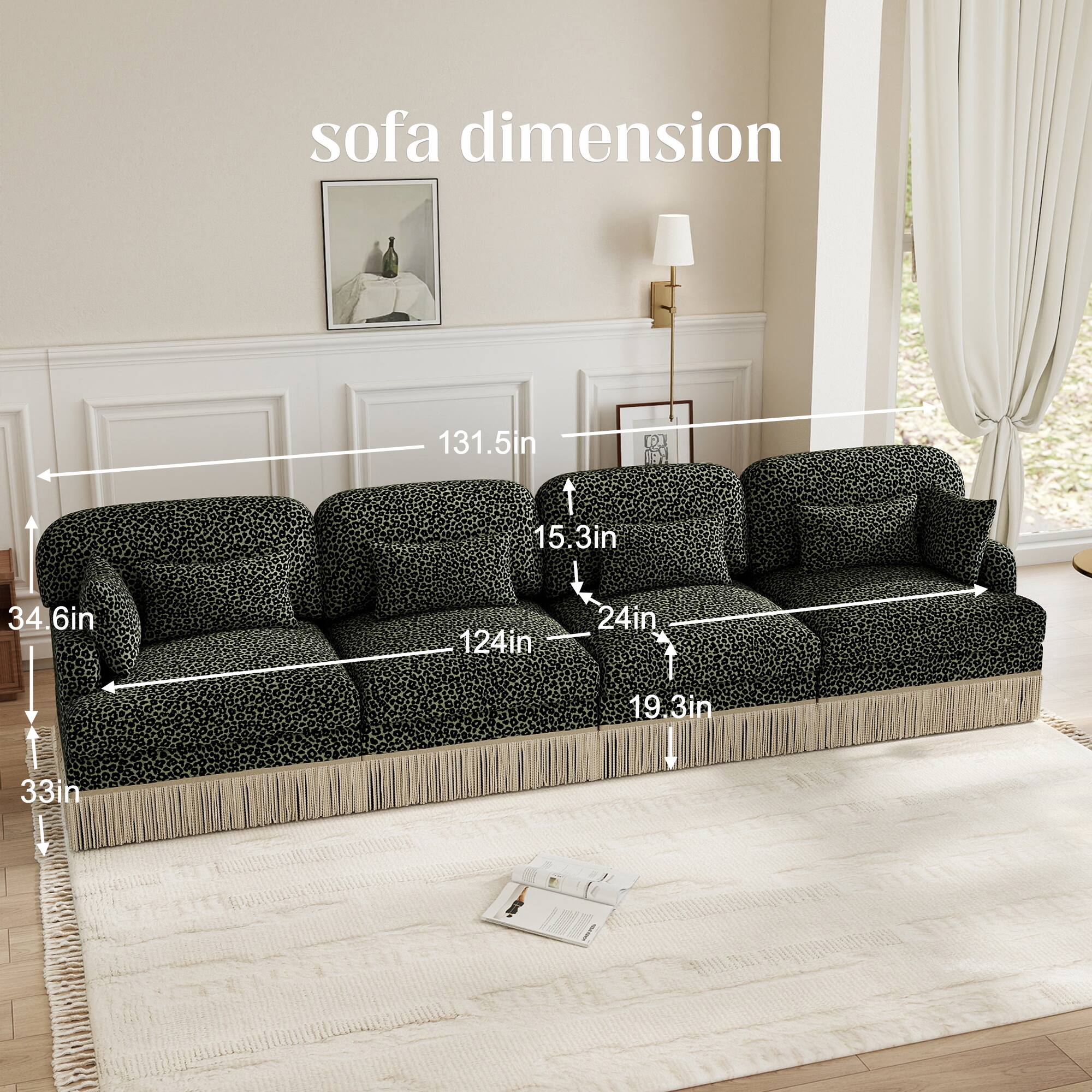 sofa dimension  
131.5in G 15.3in 34.6in 124in 24in 19.3in 33in