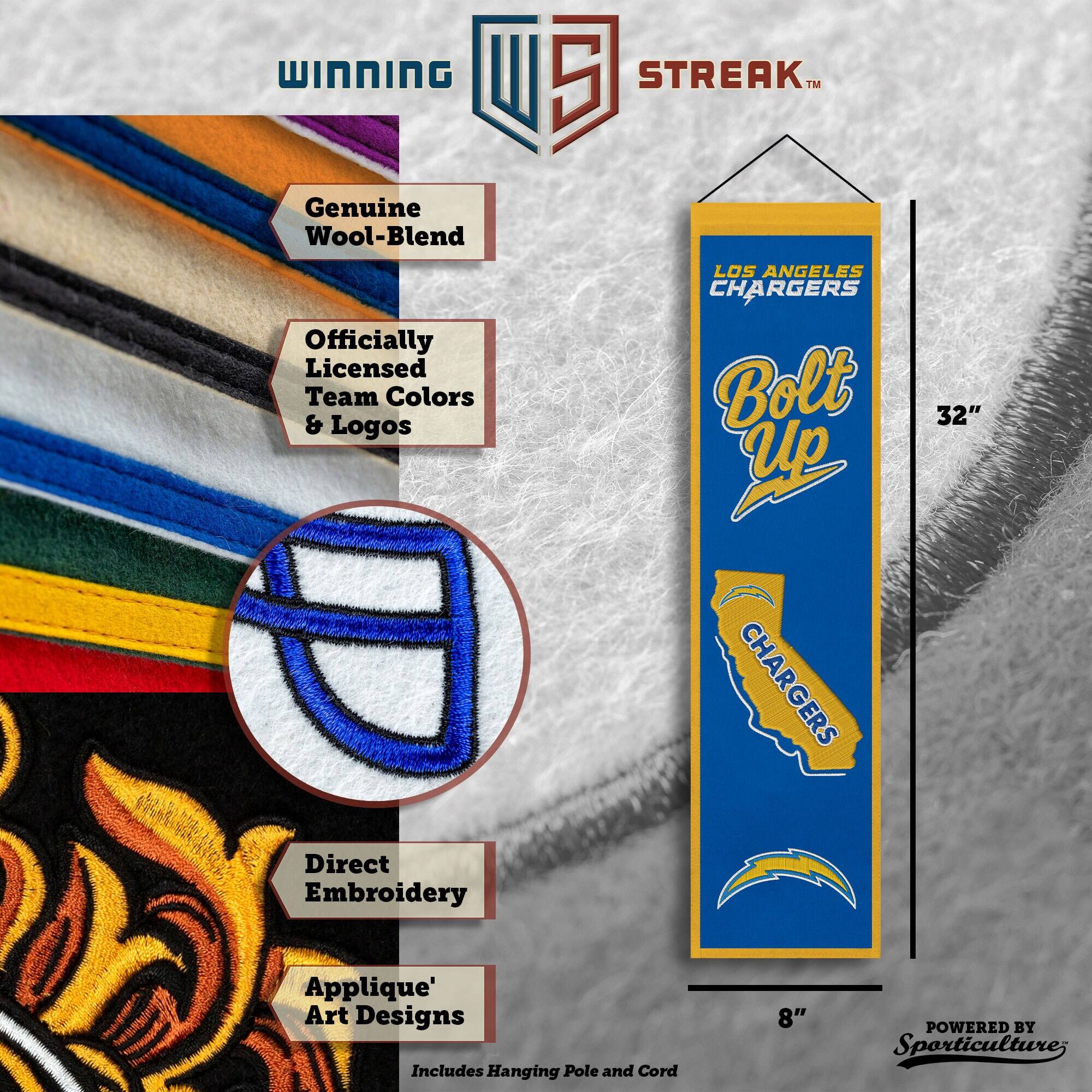 WINNING U 5 STREAK™ Genuine Wool-Blend Officially Licensed Team Colors & Logos LOS ANGELES CHARGERS Bolt Up CHARGERS 32" Direct Embroidery Applique' Art Designs Includes Hanging Pole and Cord 8" POWERED BY Sporticulture