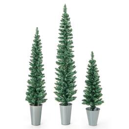 Costway - Potted Artificial Christmas Tree Set of 3 with 3/4/5 FT Faux Slim Pencil Trees - Silver/Green