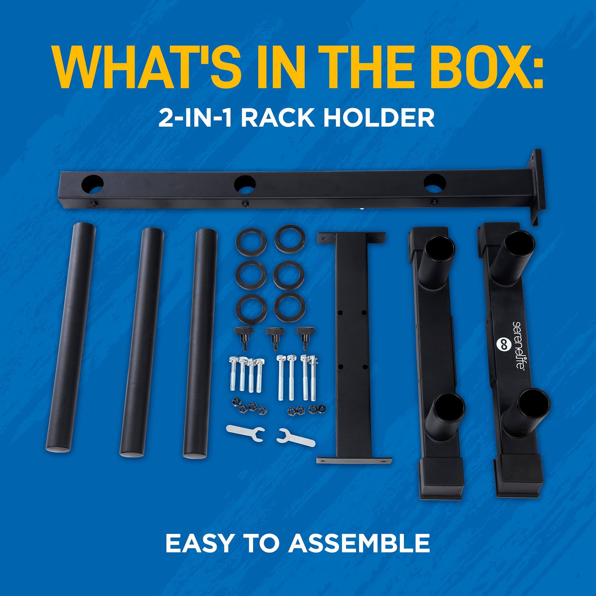WHAT'S IN THE BOX:  
2-IN-1 RACK HOLDER  
EASY TO ASSEMBLE