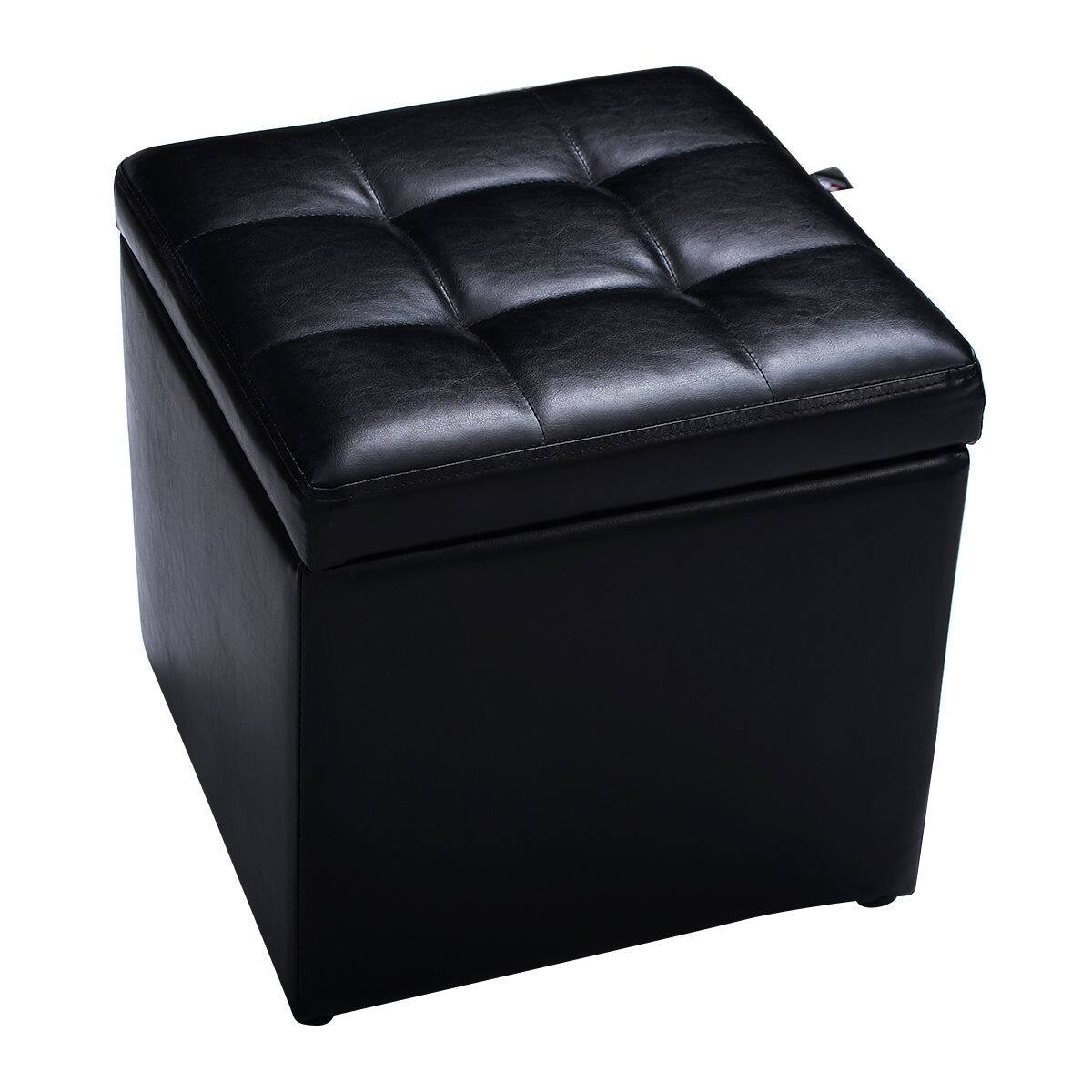Left. WELLFOR - 16 Inch PU Leather Ottoman with Hinge Top for Storage - Black.