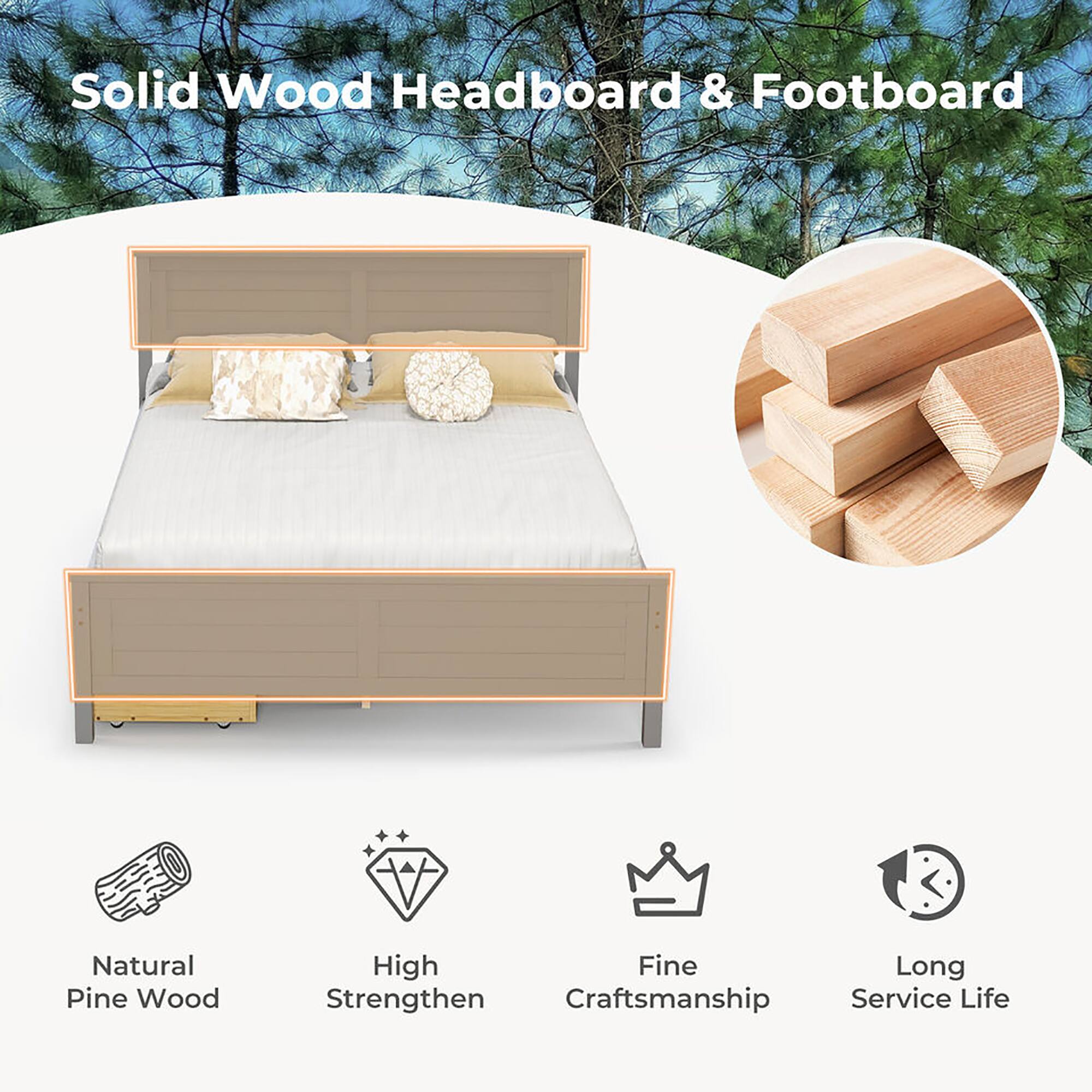 Solid Wood Headboard & Footboard

- Natural Pine Wood
- High Strengthen
- Fine Craftsmanship
- Long Service Life