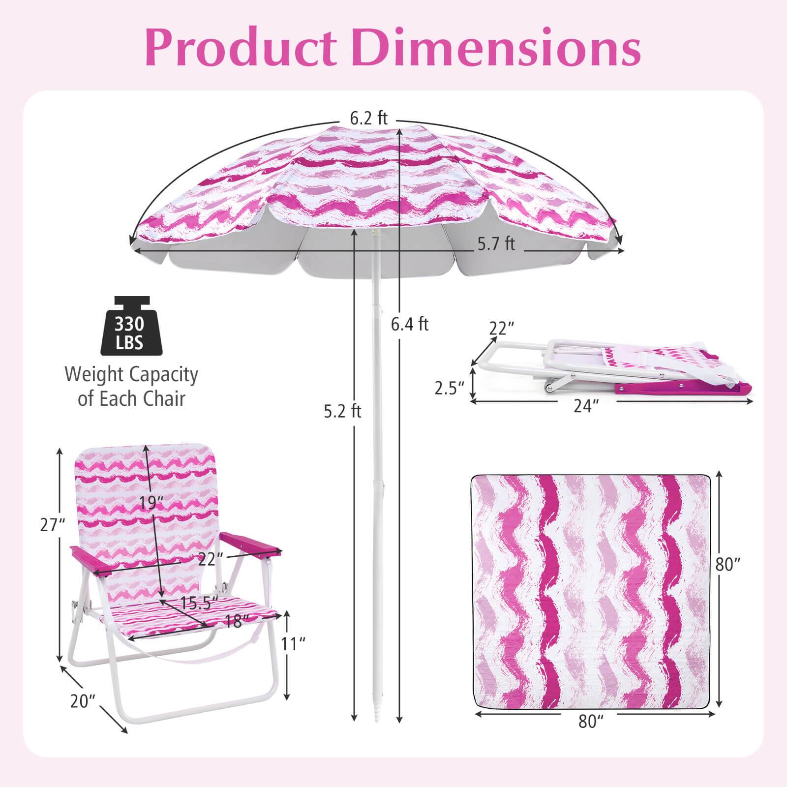 Product Dimensions

- Umbrella: 6.2 ft x 5.7 ft
- Weight Capacity of Each Chair: 330 LBS
- Chair Dimensions: 5.2 ft x 6.4 ft
- Seat: 22" W x 24" D
- Backrest: 27" H
- Armrest: 2.5" W
- Seat Depth: 22"
- Seat Height: 15.5"
- Armrest Height: 11"
- Table: 80" x 80"