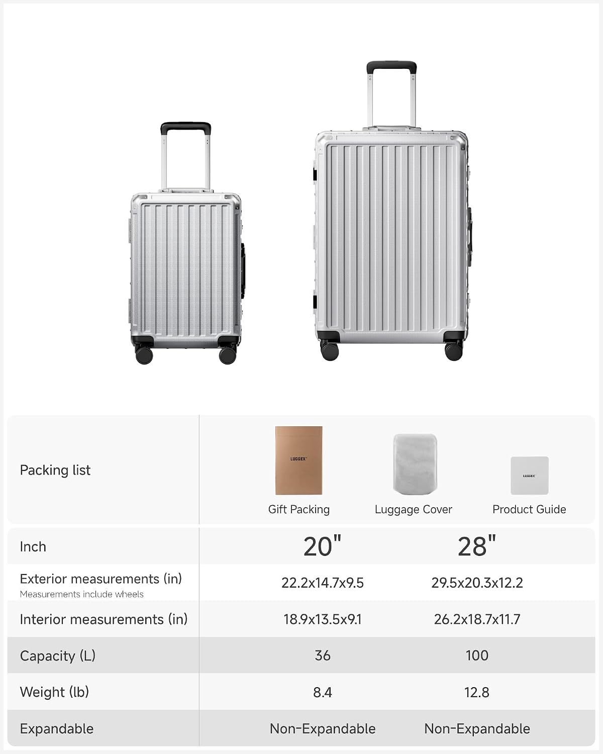 Packing list

LIGUEX

Gift Packing Luggage Cover Product Guide

Inch

Exterior measurements (in)
Measurements include wheels
20" 22.2x14.7x9.5
28" 29.5x20.3x12.2

Interior measurements (in)
18.9x13.5x9.1
26.2x18.7x11.7

Capacity (L)
36
100

Weight (lb)
8.4
12.8

Expandable
Non-Expandable
Non-Expandable