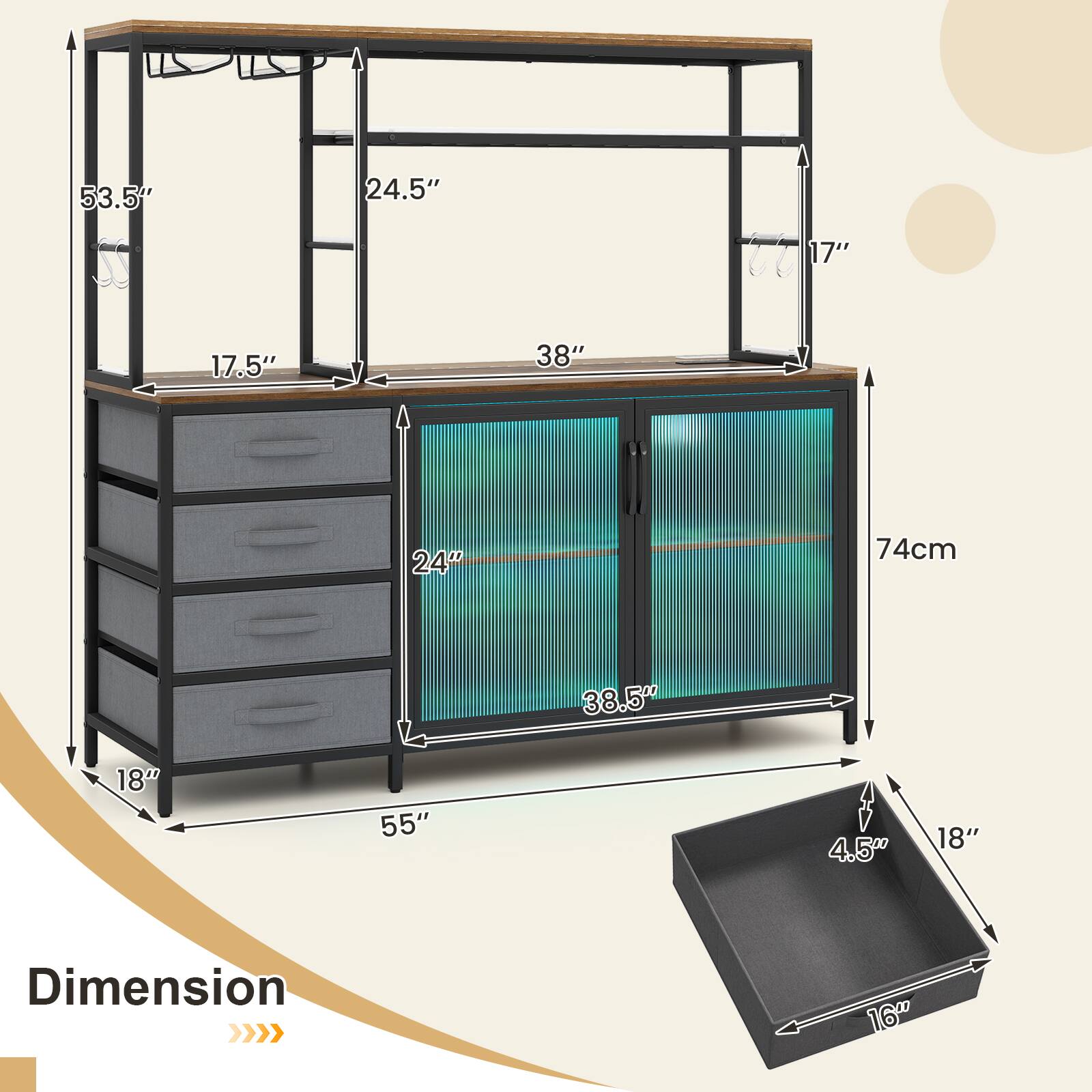53.5"  
24.5"  
17.5"  
38"  
24"  
74cm  
38.5"  
18"  
55"  
4.5"  
18"  
16"  

Dimension