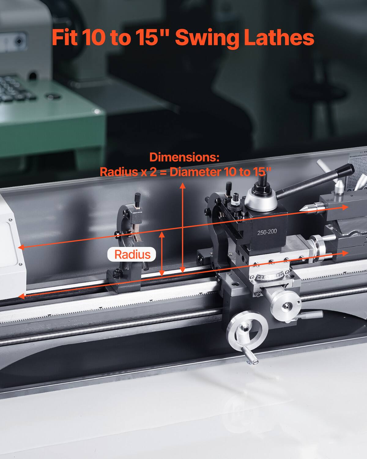 Fit 10 to 15" Swing Lathes

Dimensions:
Radius x 2 = Diameter 10 to 15"