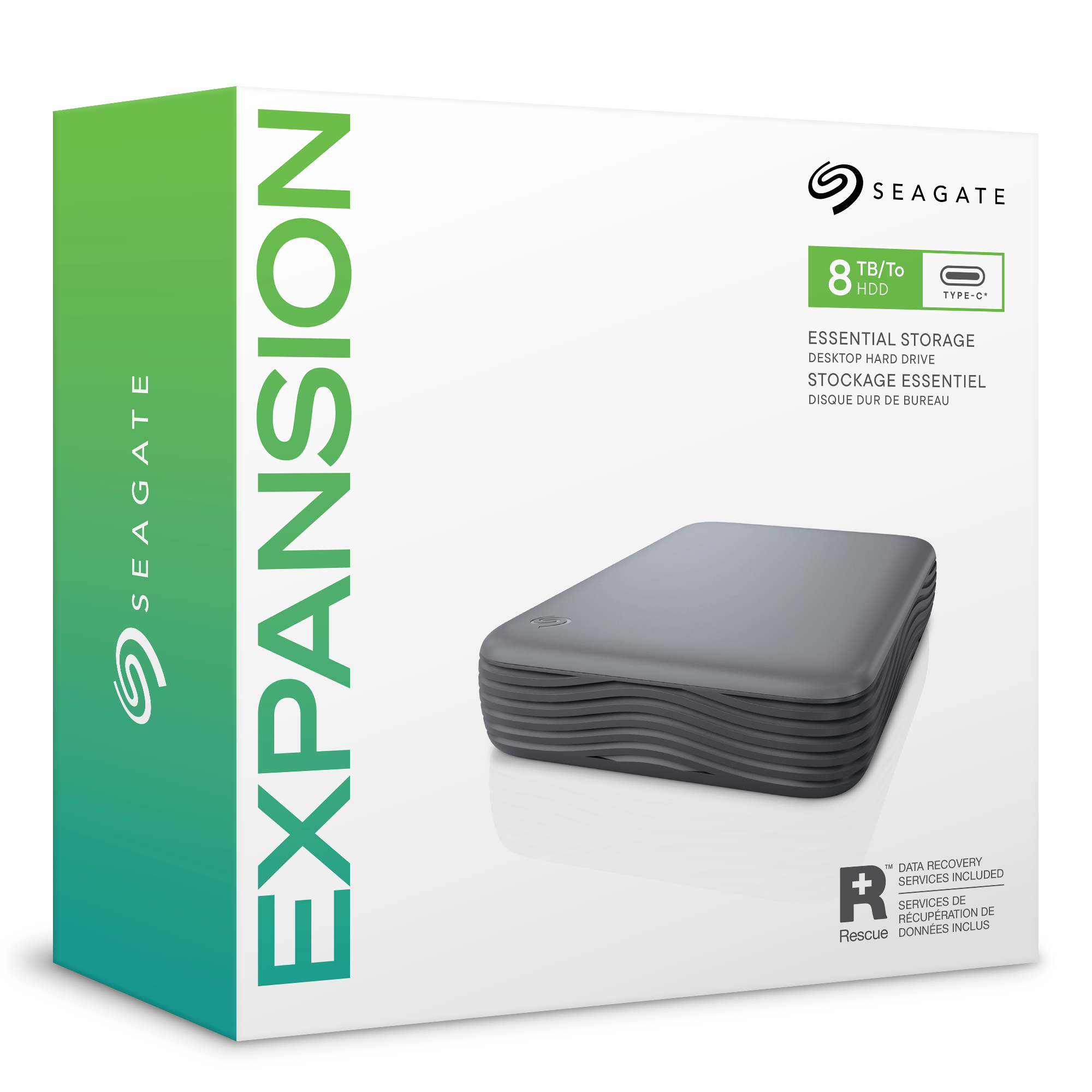 SEAGATE  
EXPANSION  
SEAGATE 8 TB/To HDD TYPE-C* ESSENTIAL STORAGE DESKTOP HARD DRIVE STOCKAGE ESSENTIEL DISQUE DUR DE BUREAU TV DATA RECOVERY SERVICES INCLUDED R + SERVICES DE RÉCUPÉRATION DE DONNÉES INCLUS Rescue