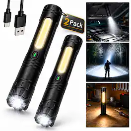 AMUMU - LED Flashlight 2 Pack Adjustable Zoom 9 Light Modes Compact Emergency Flashlight for Camping Car and Home - Black