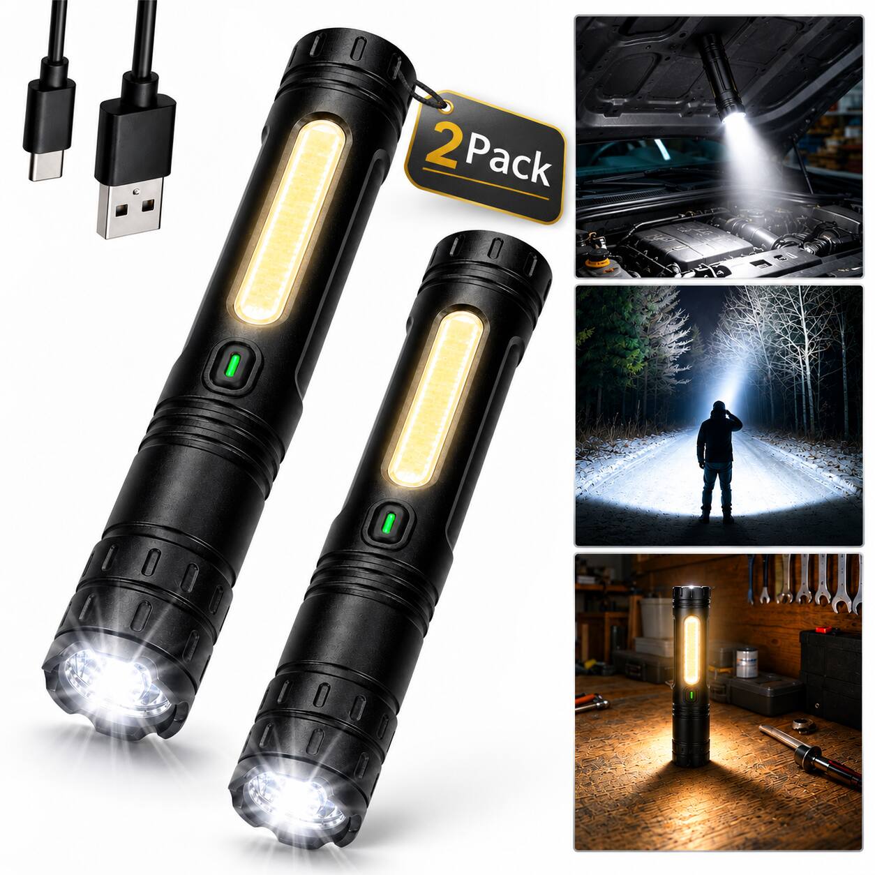 Front. AMUMU - LED Flashlight 2 Pack Adjustable Zoom 9 Light Modes Compact Emergency Flashlight for Camping Car and Home - Black.