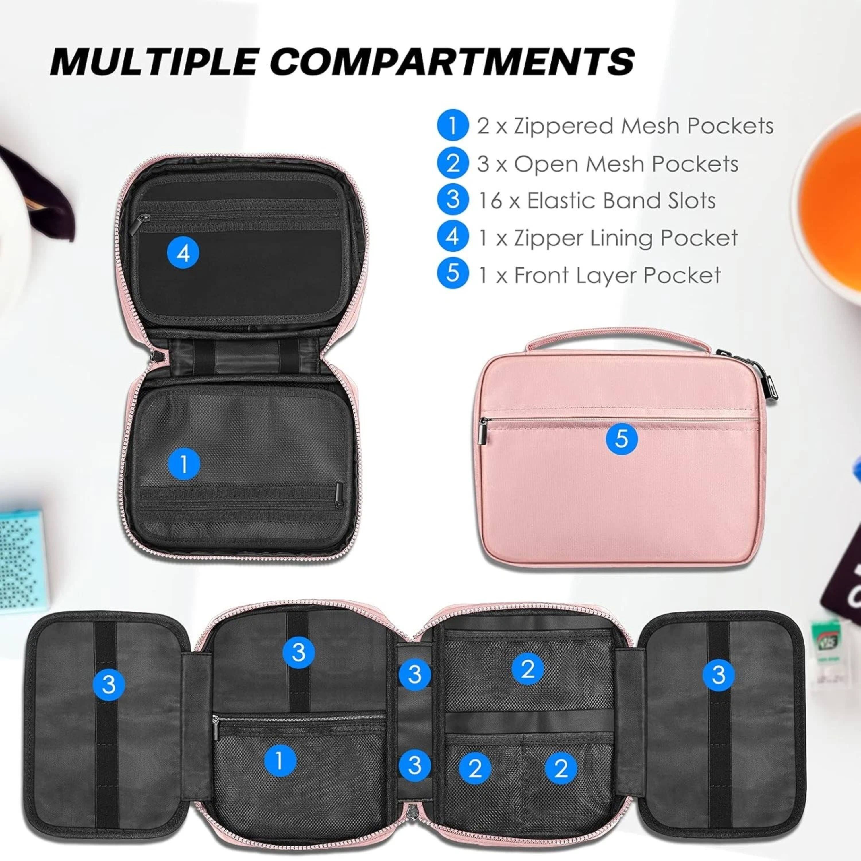 MULTIPLE COMPARTMENTS

1. 2 x Zippered Mesh Pockets
2. 3 x Open Mesh Pockets
3. 16 x Elastic Band Slots
4. 1 x Zipper Lining Pocket
5. 1 x Front Layer Pocket