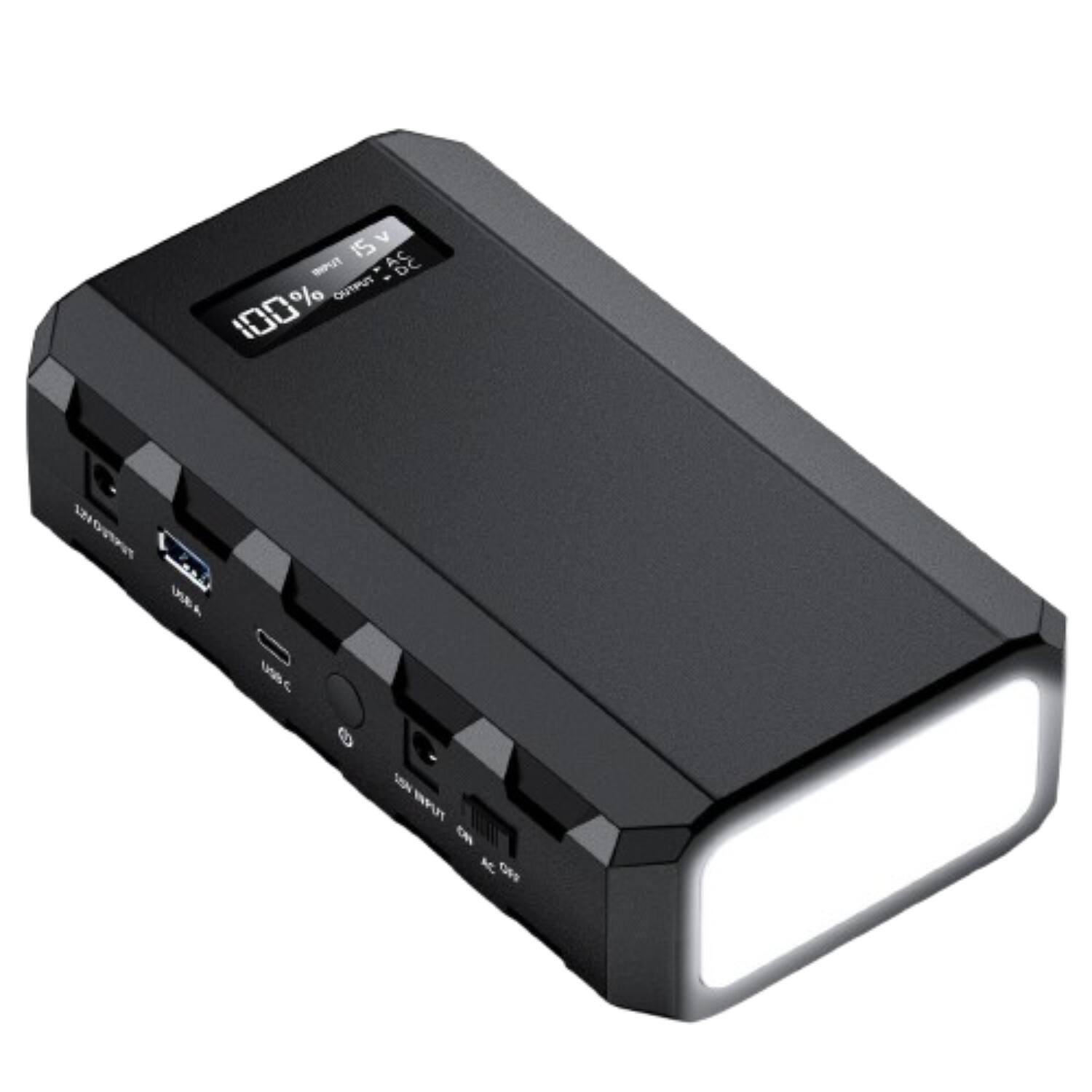 Sure, here is the corrected and grouped text from the image:

- 15V AC/DC
- 100%
- USB A
- USB C
- DC INPUT
- AC OUTPUT