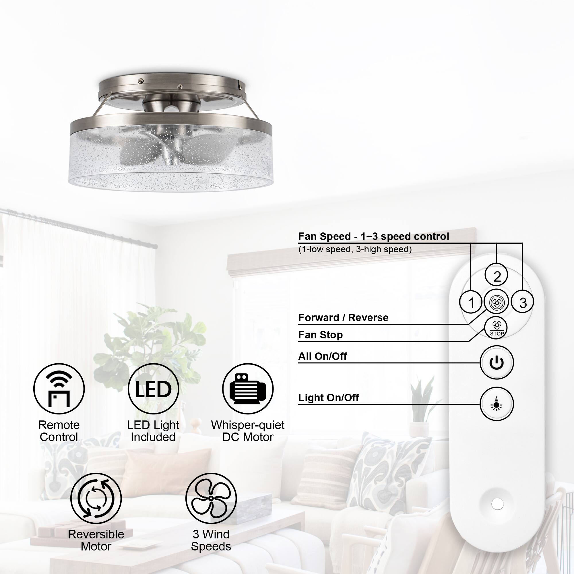 - Fan Speed: 1-3 speed control (1-low speed, 3-high speed)
- Forward / Reverse
- Fan Stop
- All On/Off
- Light On/Off

- Remote Control
- LED Light Included
- Whisper-quiet DC Motor
- Reversible Motor
- 3 Wind Speeds