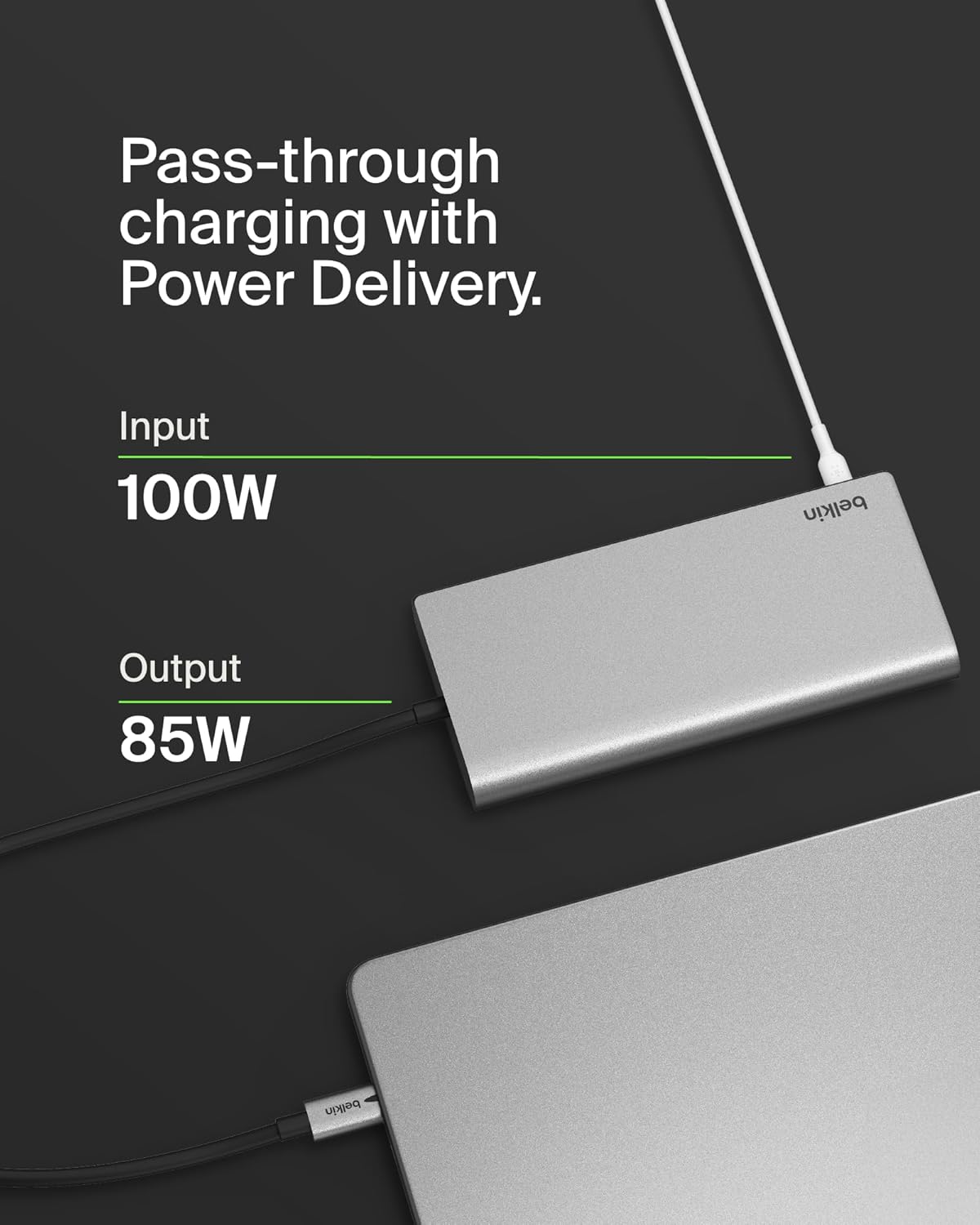 Pass-through charging with Power Delivery. Input 100W Belkin Output 85W Belkin.