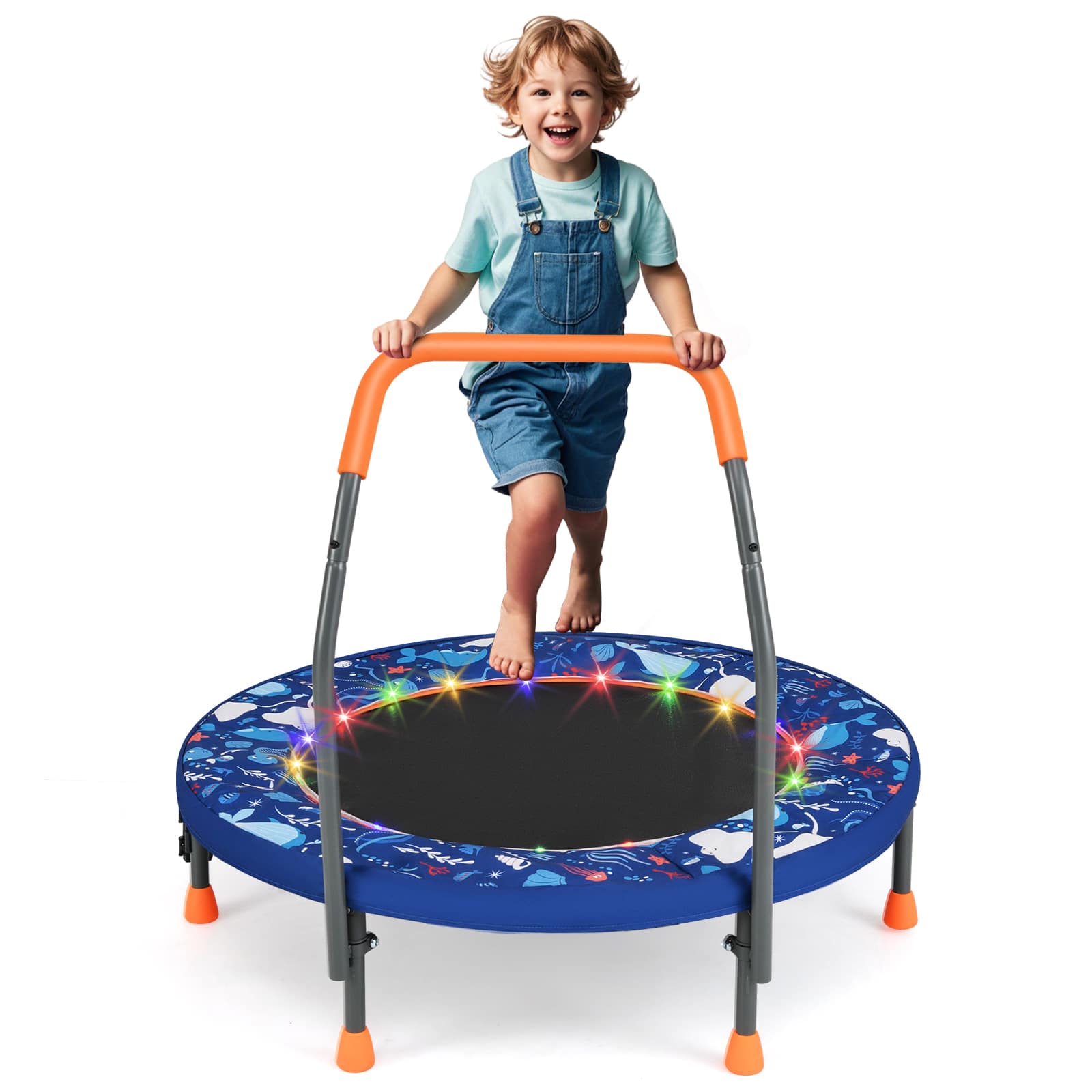 Gymax - 36'' Foldable Kid Trampoline w/ 20 LED Lights Foam Handlebar Padded Safety Cover Navy - Blue