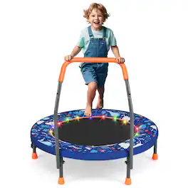 Gymax - 36'' Foldable Kid Trampoline w/ 20 LED Lights Foam Handlebar Padded Safety Cover Navy - Blue
