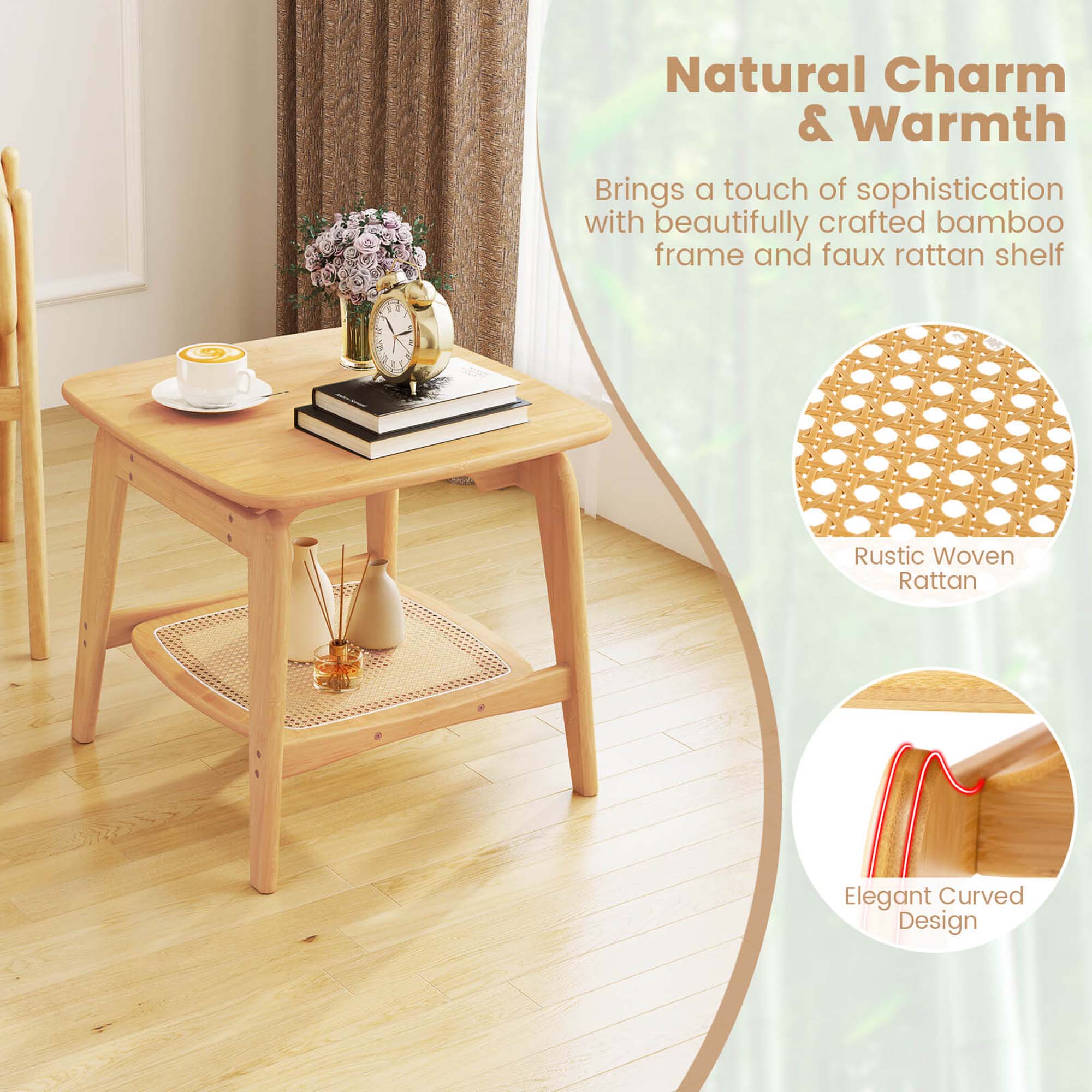 Natural Charm & Warmth: Brings a touch of sophistication with beautifully crafted bamboo frame and faux rattan shelf. Elegant Curved Design: Rustic Woven Rattan.